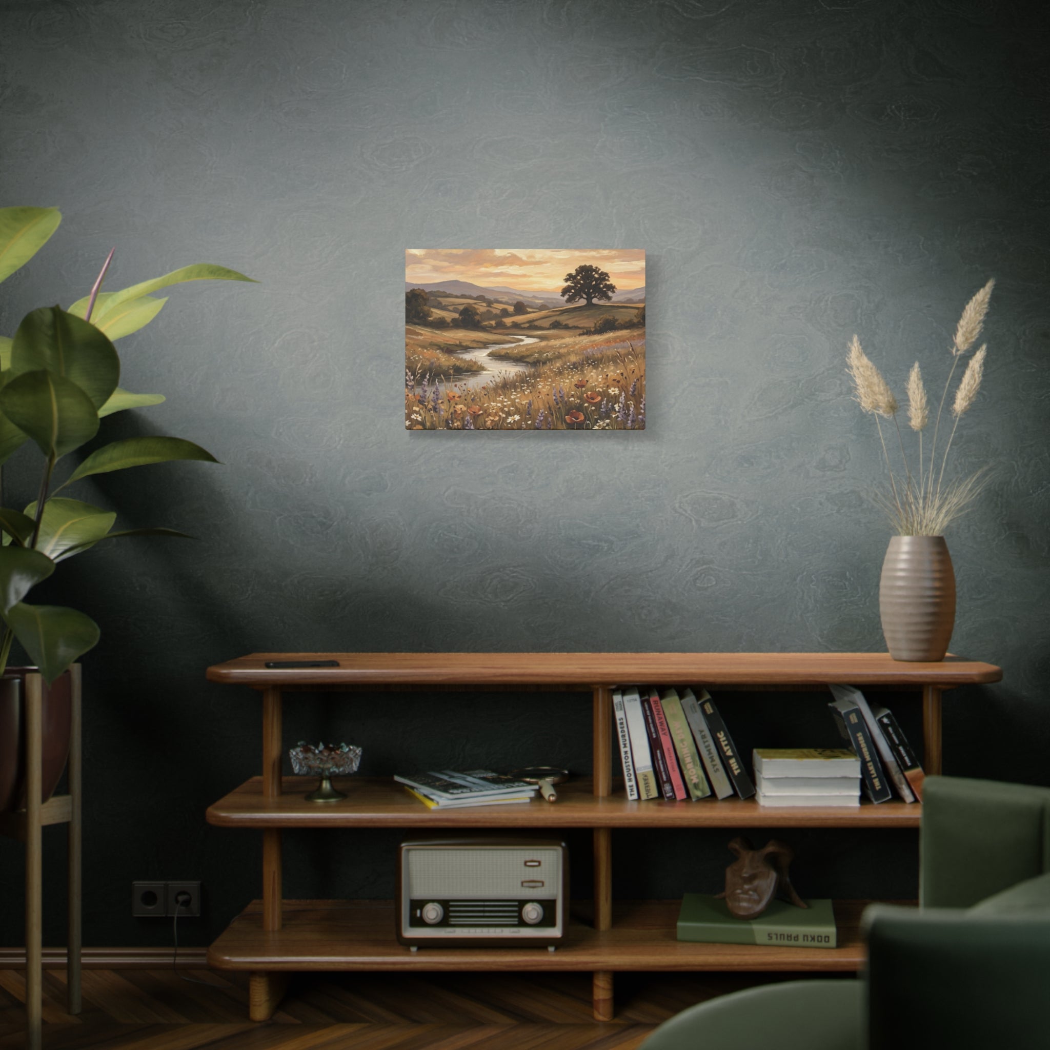 Golden Meadow River Canvas Wall Art — Stretched Matte Print