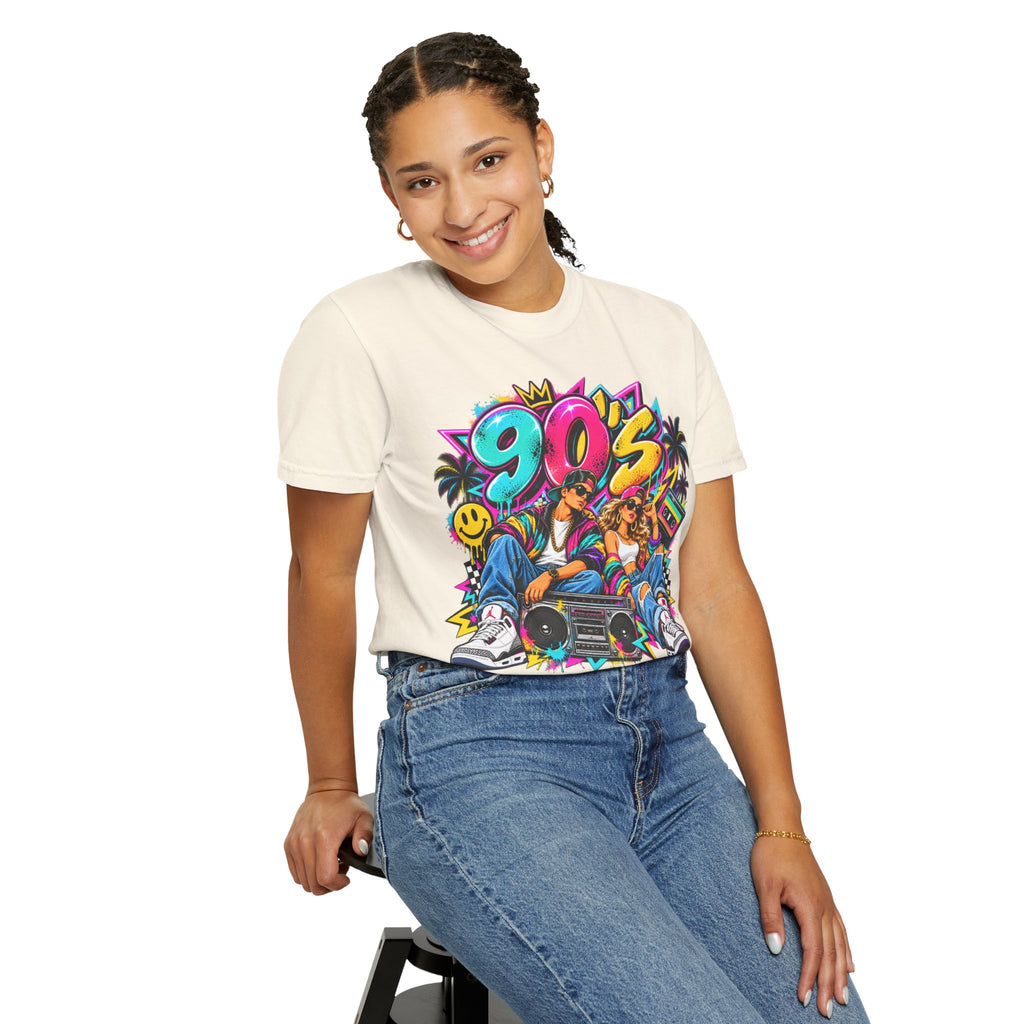 90s Retro Streetwear T-Shirt — Vintage Boombox & Neon Graffiti Design