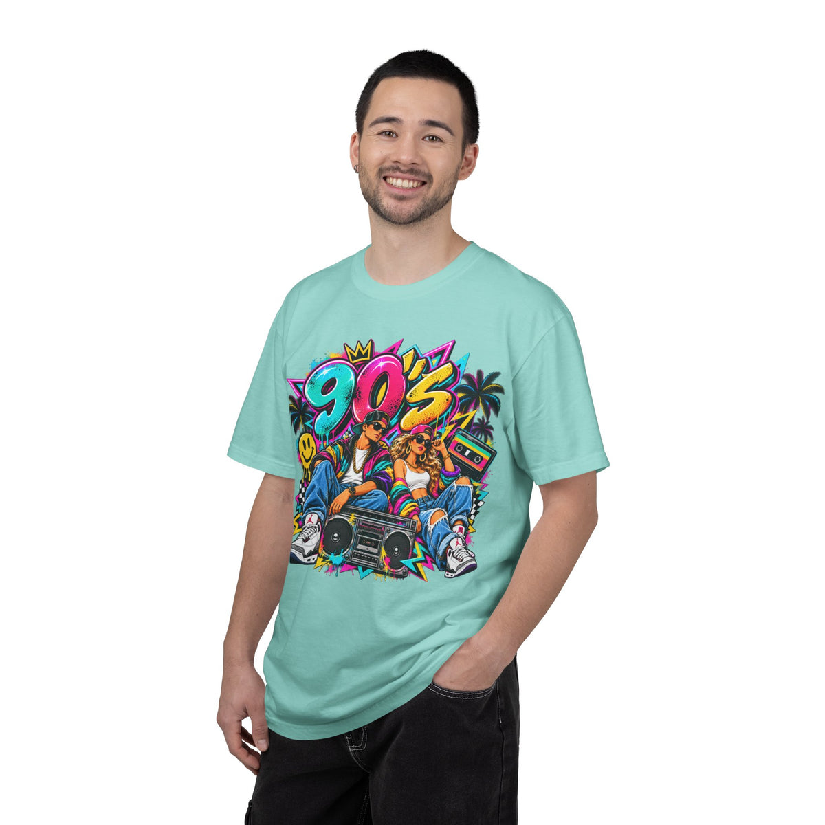 90s Retro Streetwear T-Shirt — Vintage Boombox & Neon Graffiti Design