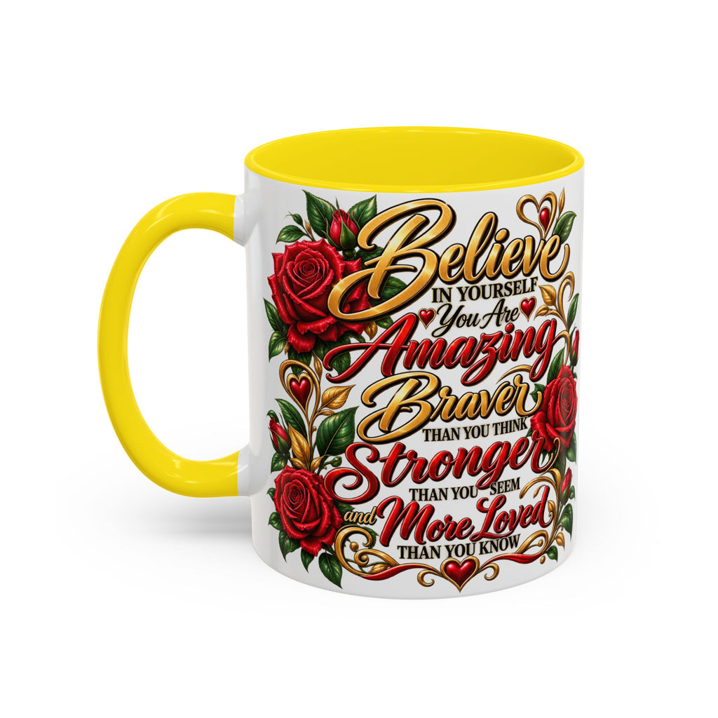 Inspirational Rose Coffee Mug — "Believe in Yourself" Motivational Tea Cup