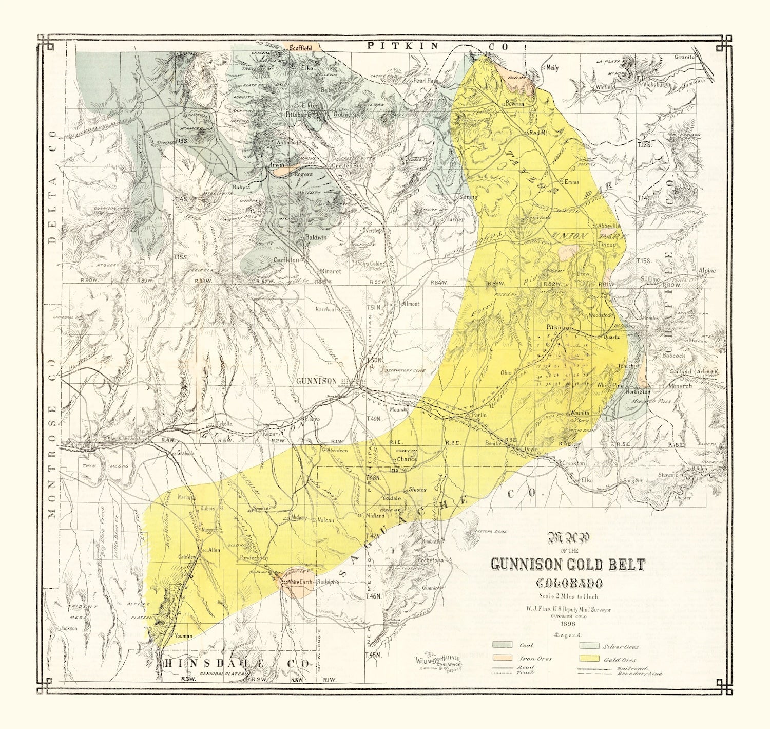 Vintage Map of the Gunnison Gold Belt in Colorado 1896