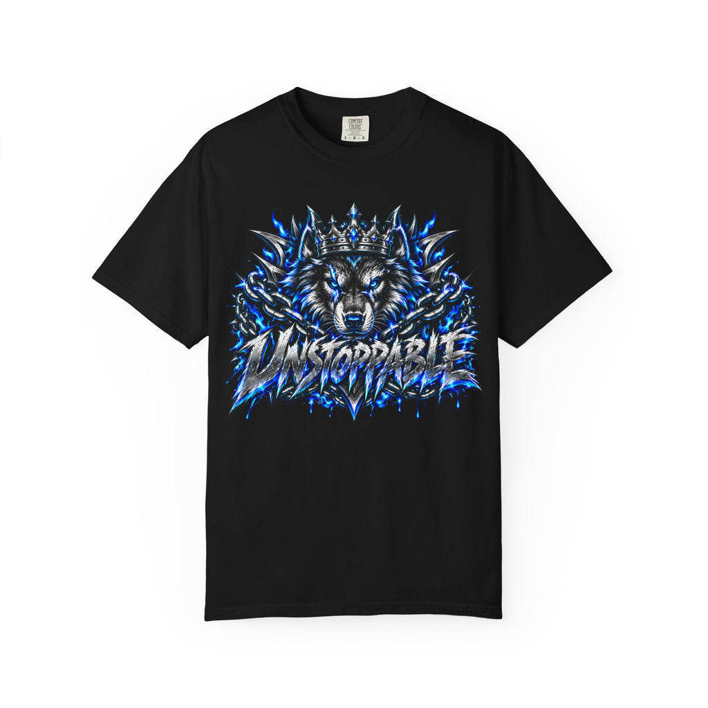 Wolf 'Unstoppable' Graphic Tee — Bold Blue Crowned Wolf Shirt