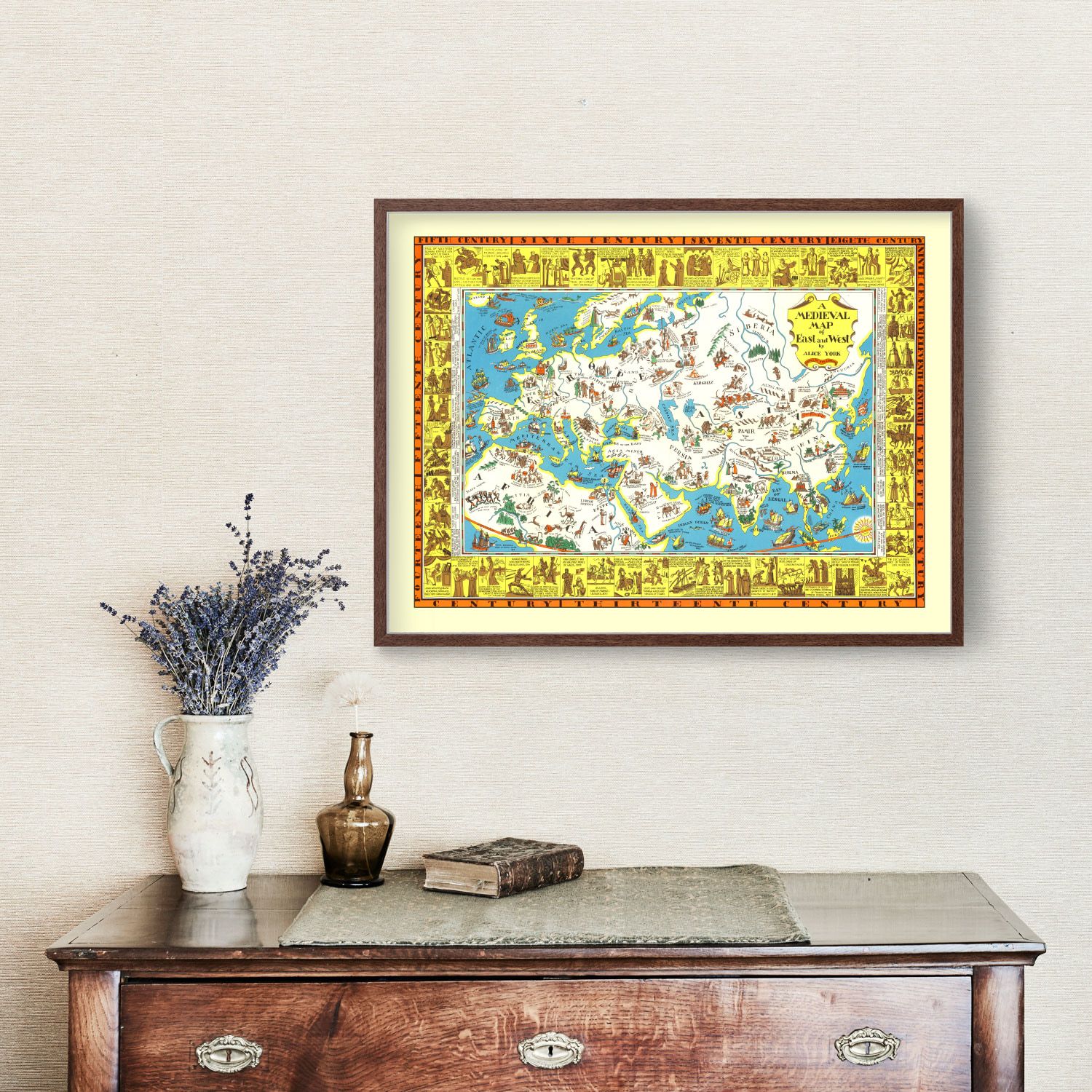 Vintage Medieval Map of East & West 1925