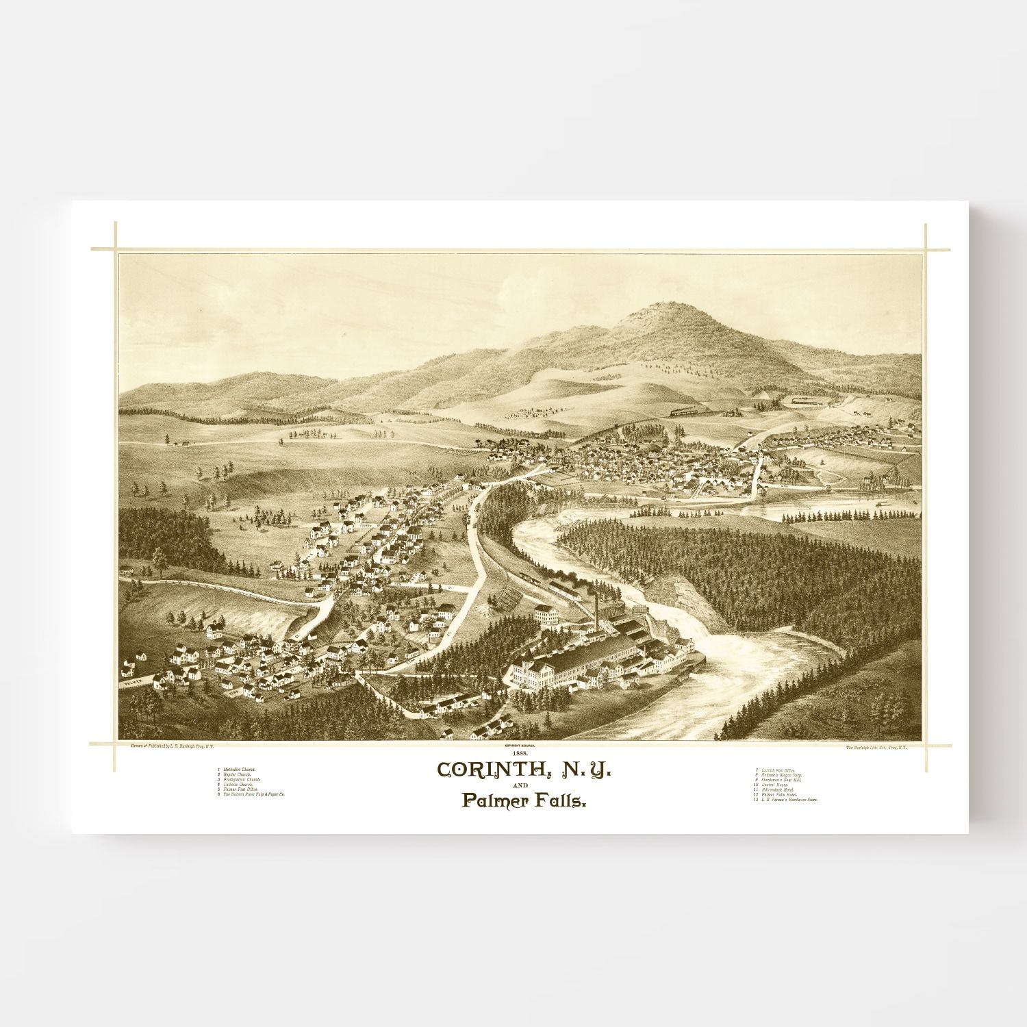 Vintage Map of Corinth & Palmer Falls, New York 1888