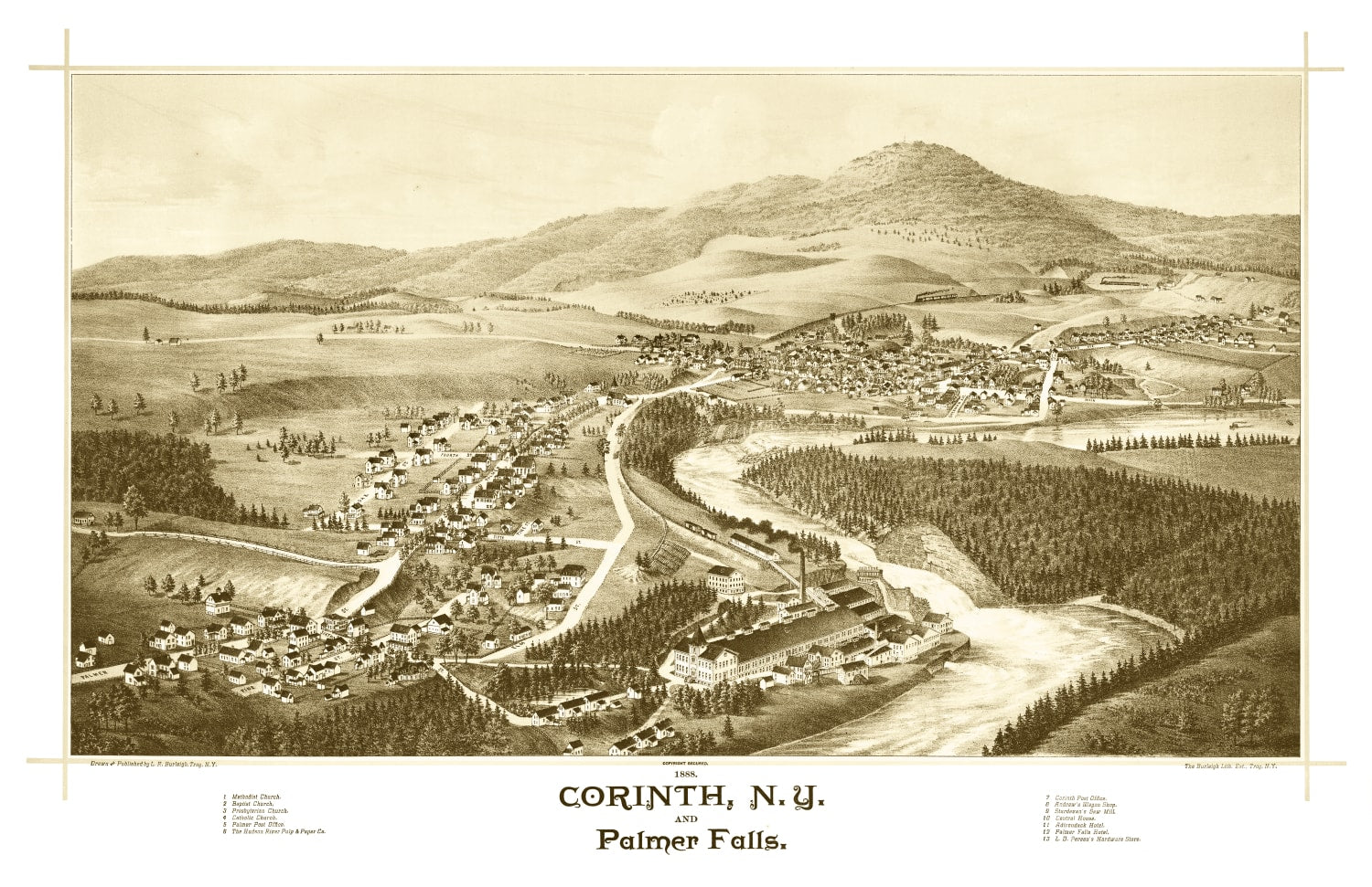 Vintage Map of Corinth & Palmer Falls, New York 1888