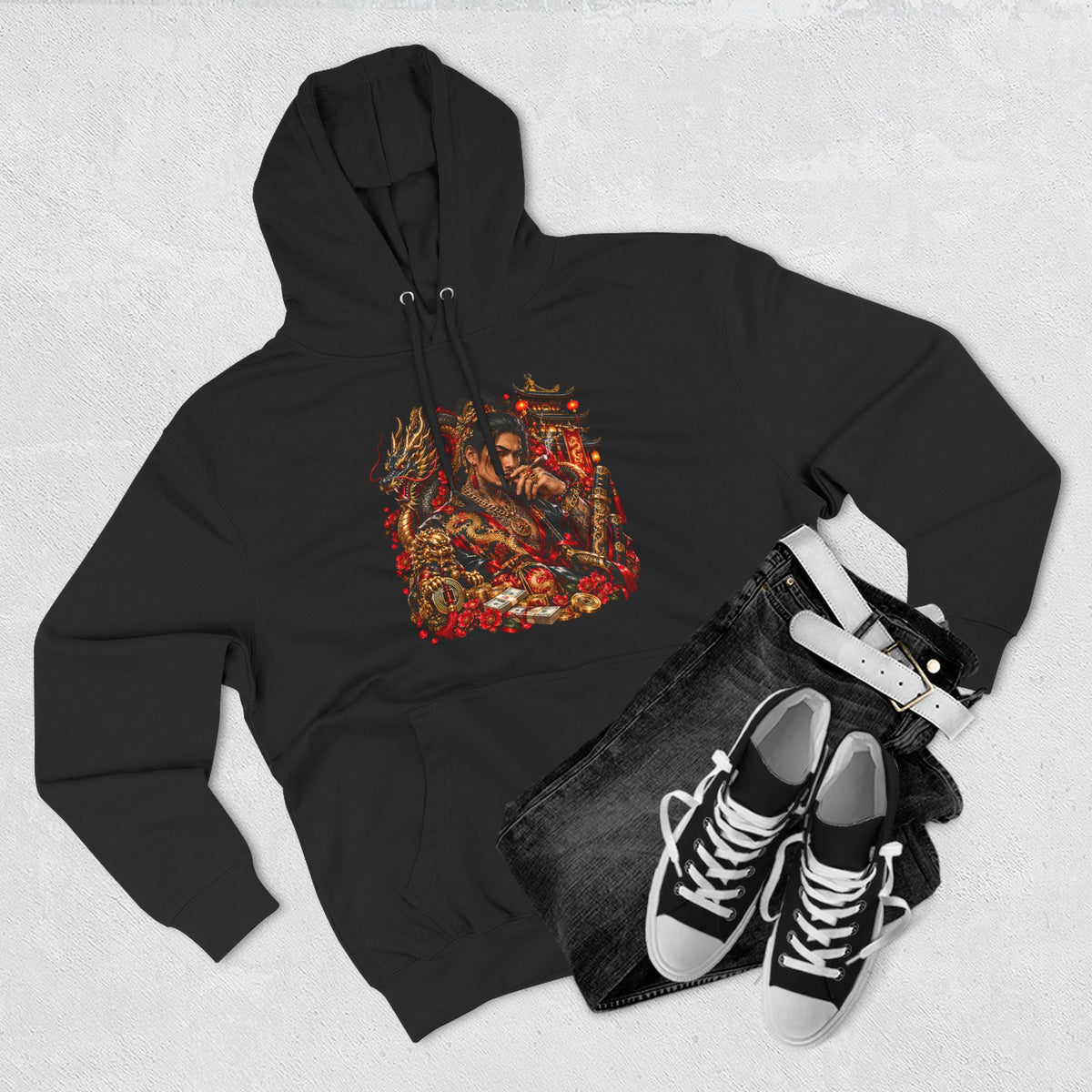 Dragon Battle Hoodie — Three-Panel Fleece Hooded Sweatshirt with Fiery Fantasy Artwork