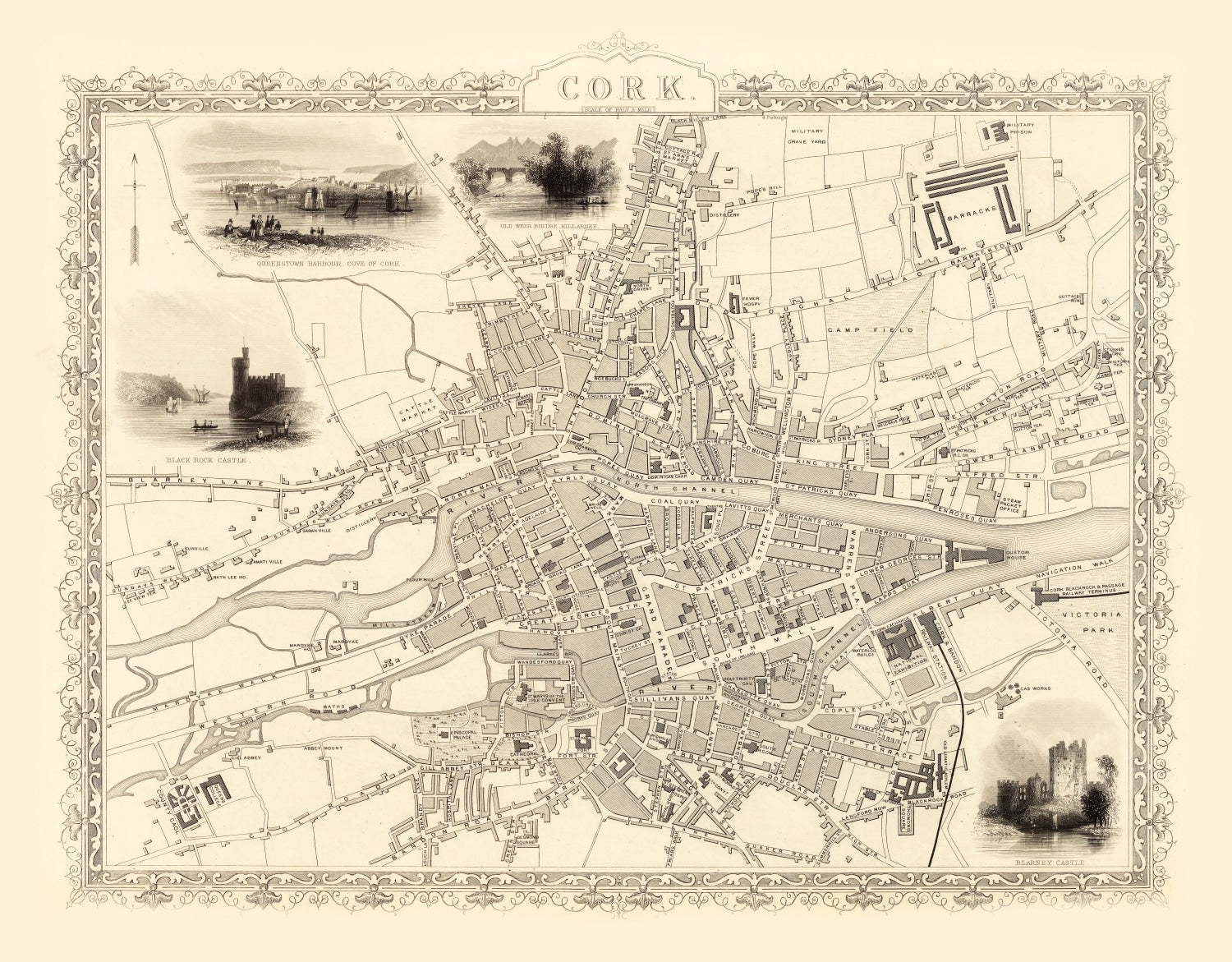 Vintage Map of Cork, Ireland 1851