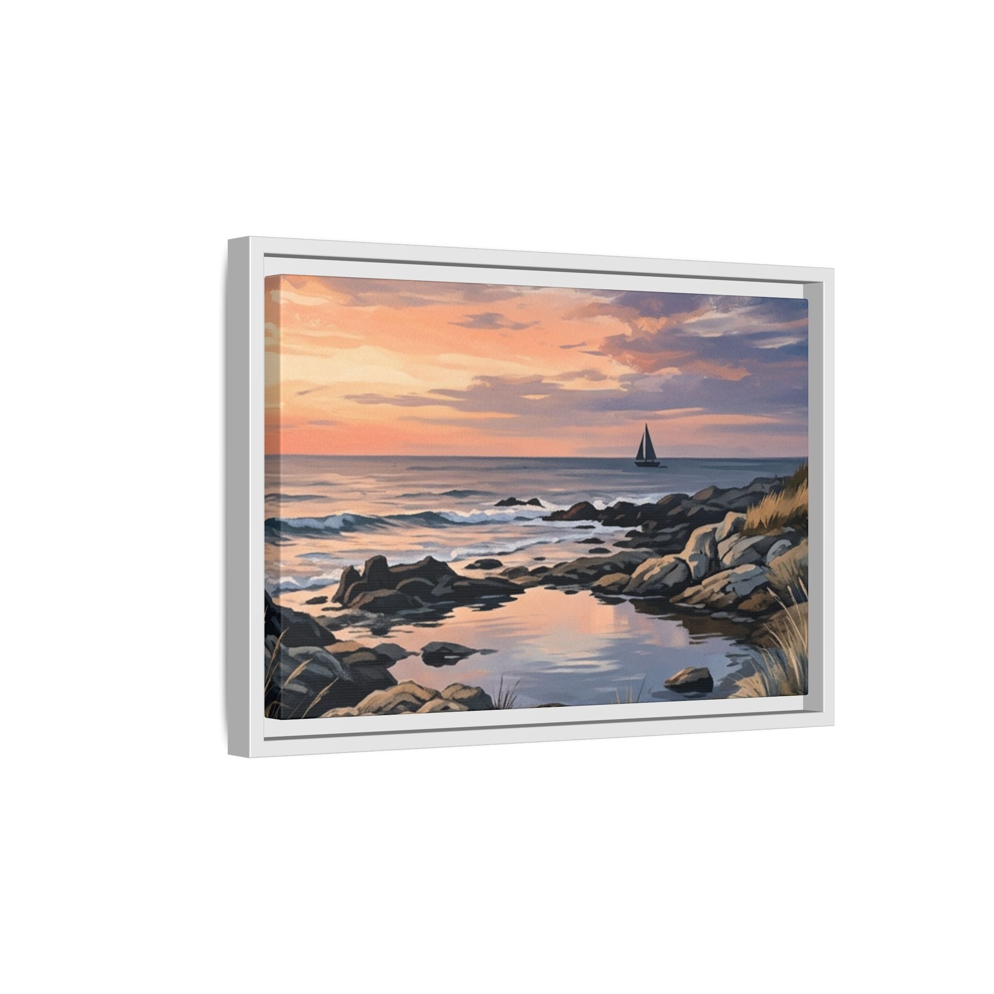 Framed Seaside Sunset Matte Canvas Print – Sailboat Coastal Wall Art