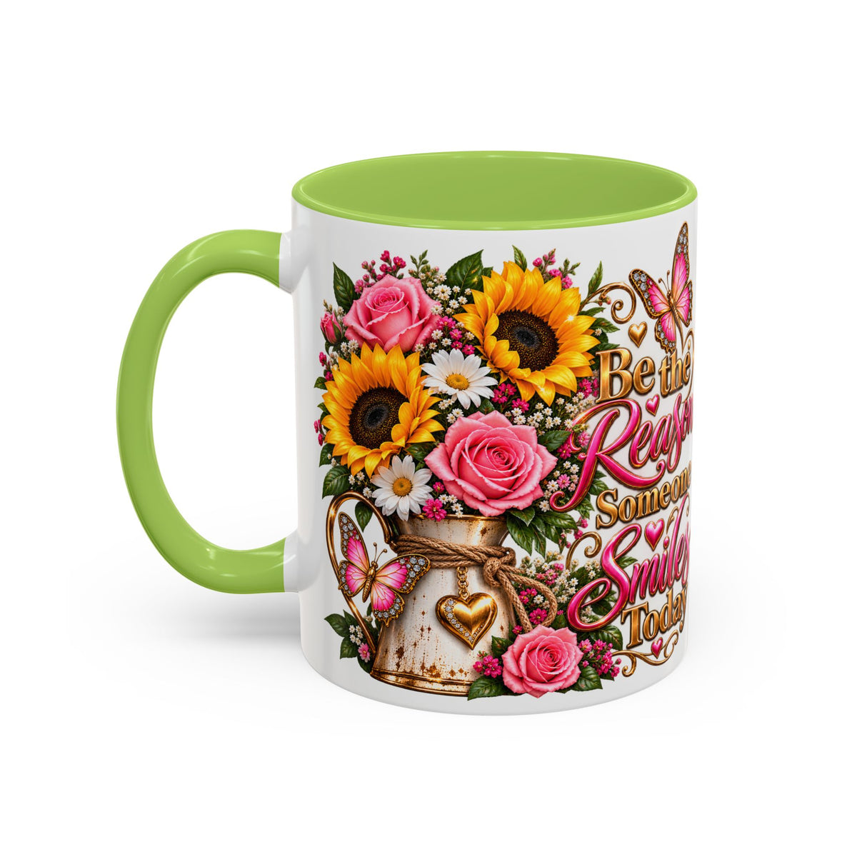 Be the Reason Someone Smiles Today Accent Coffee Mug – Floral Sunflower & Rose Inspirational 11/15oz