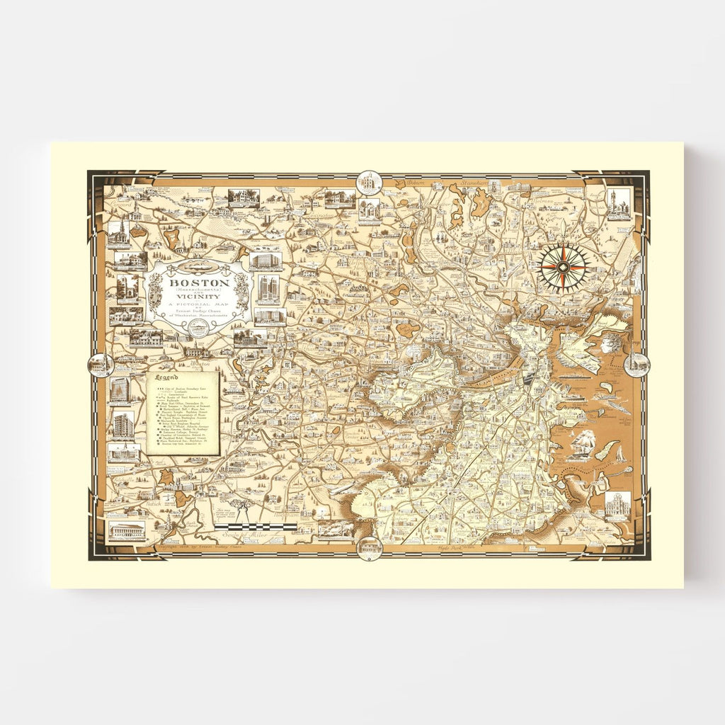 Vintage Pictorial Map of Boston, MA 1938