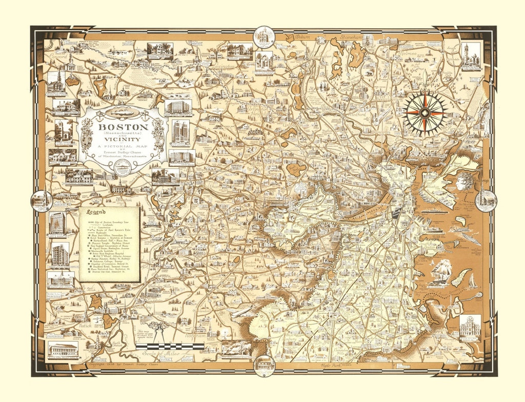 Vintage Pictorial Map of Boston, MA 1938