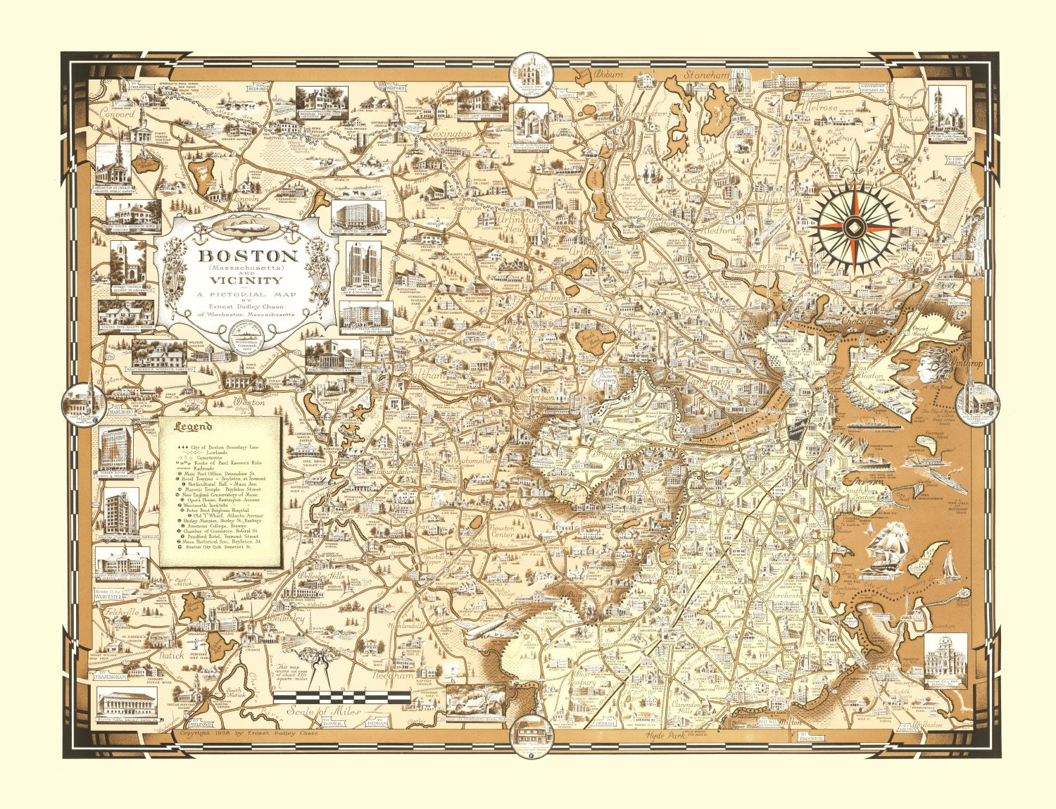 Vintage Pictorial Map of Boston, MA 1938