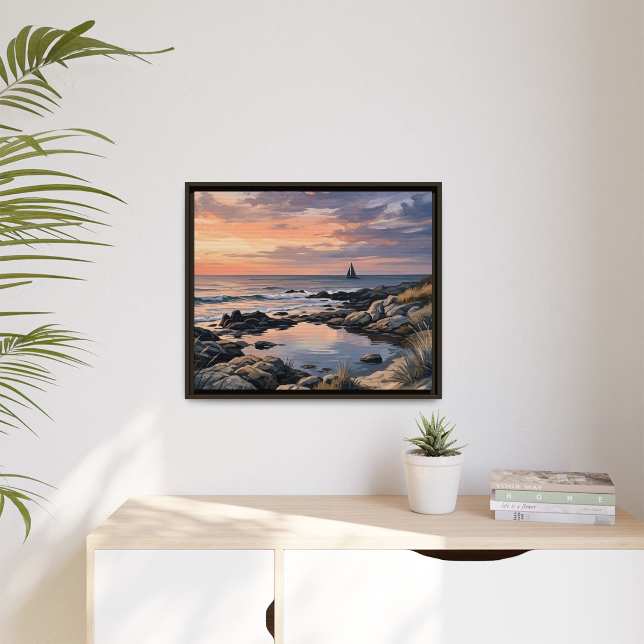 Framed Seaside Sunset Matte Canvas Print – Sailboat Coastal Wall Art