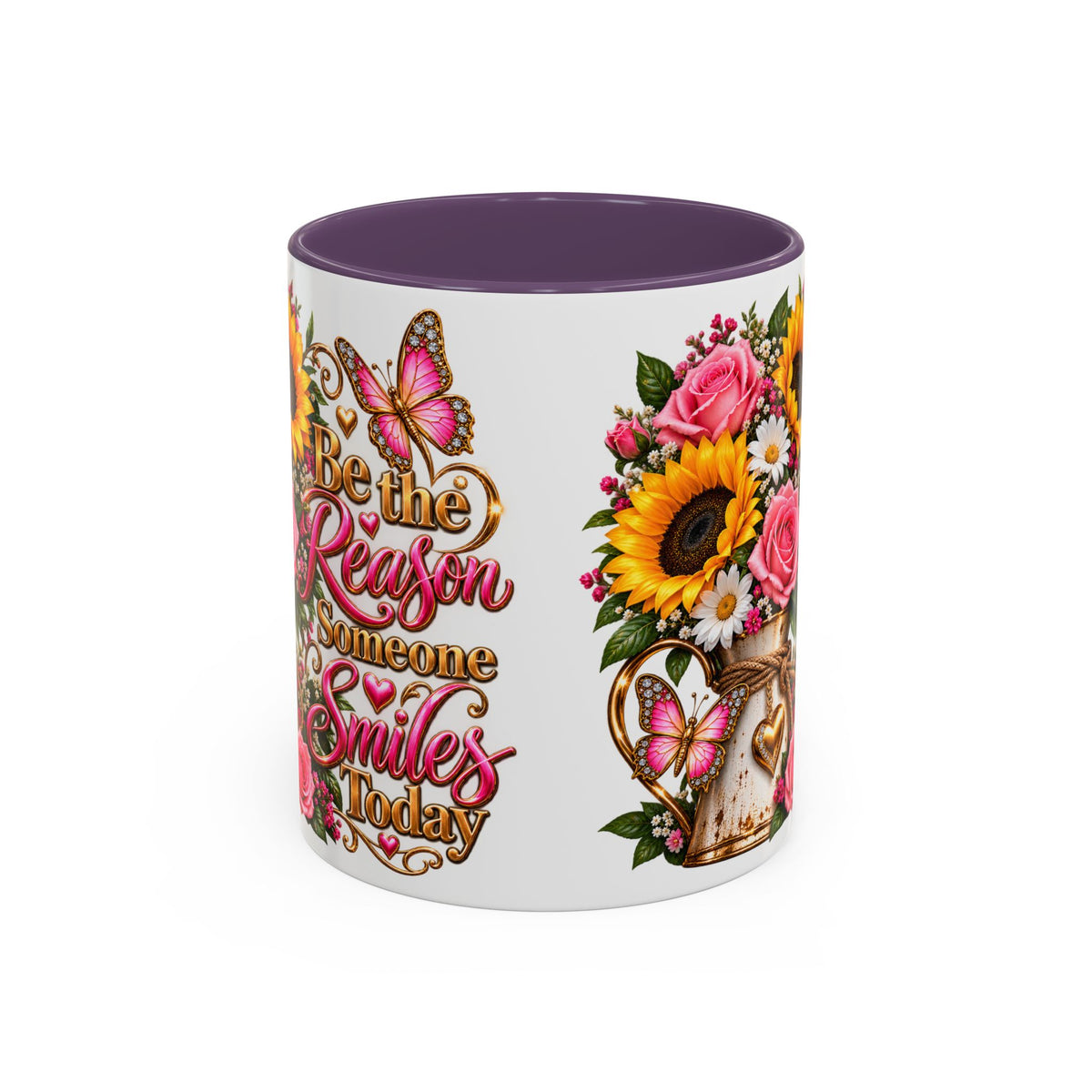 Be the Reason Someone Smiles Today Accent Coffee Mug – Floral Sunflower & Rose Inspirational 11/15oz