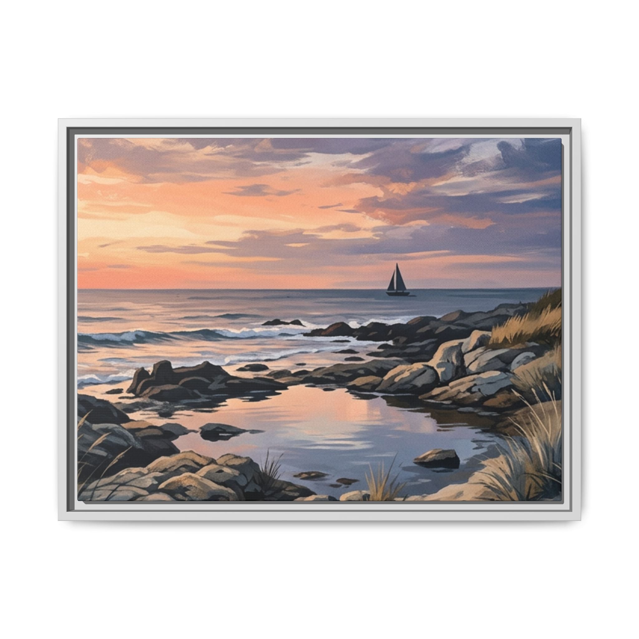 Framed Seaside Sunset Matte Canvas Print – Sailboat Coastal Wall Art