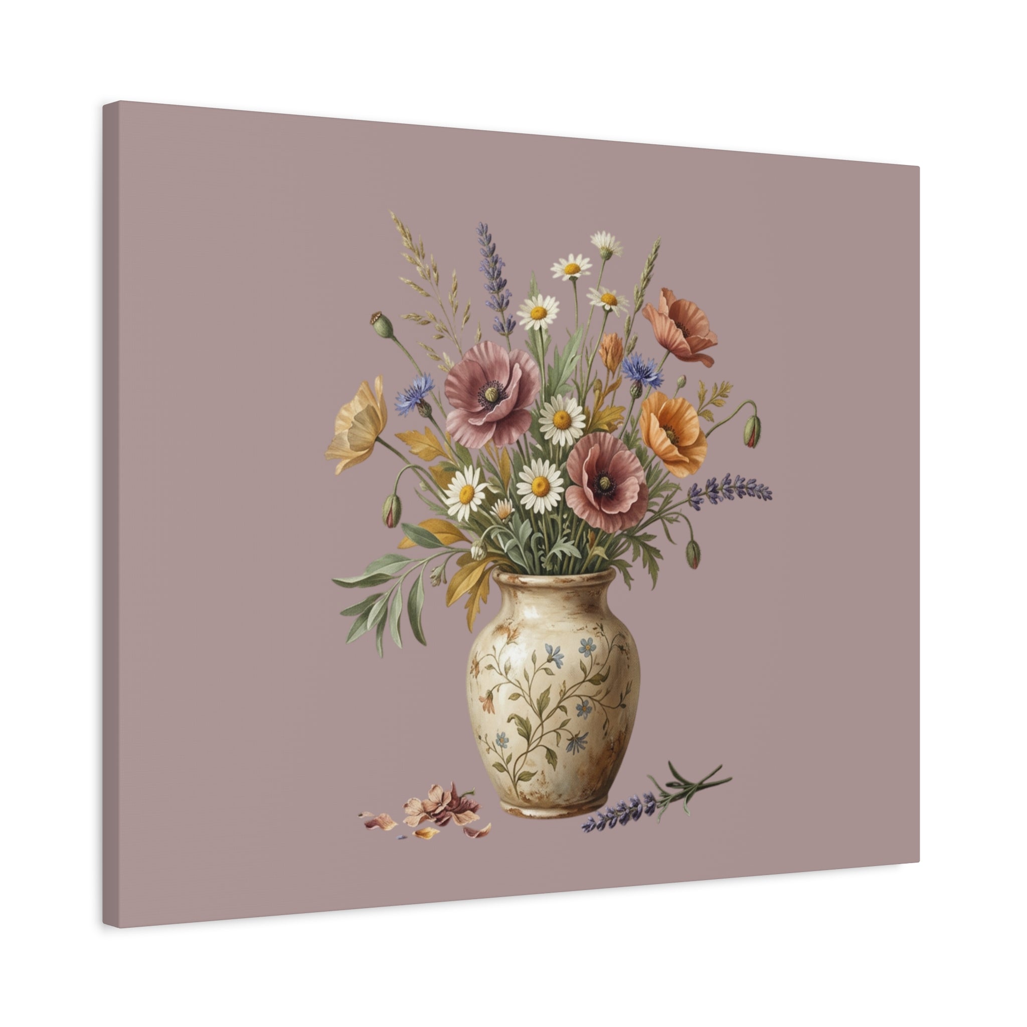 Botanical Vase Floral Canvas Print — Vintage Wildflower Wall Art