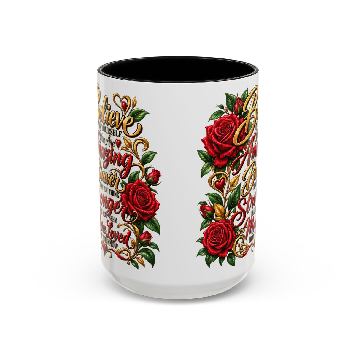 Inspirational Rose Coffee Mug — "Believe in Yourself" Motivational Tea Cup
