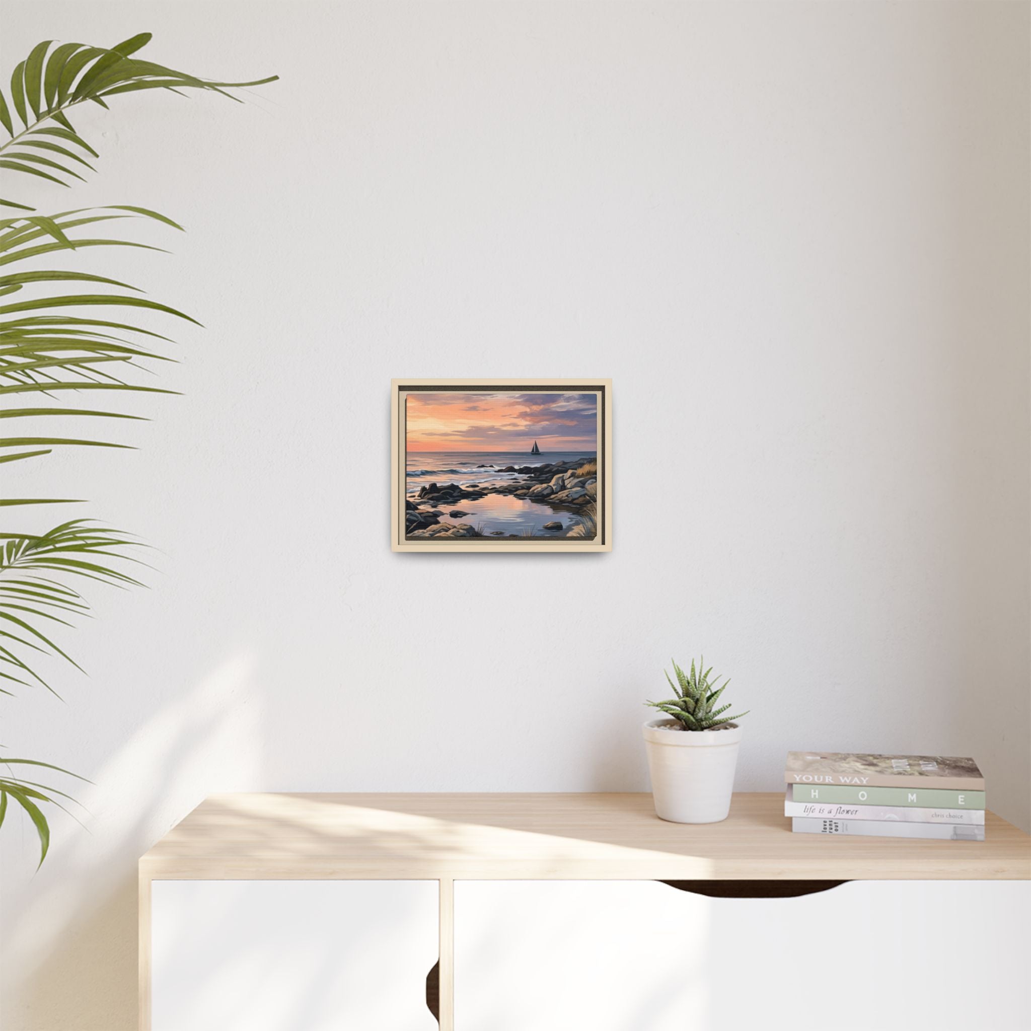 Framed Seaside Sunset Matte Canvas Print – Sailboat Coastal Wall Art