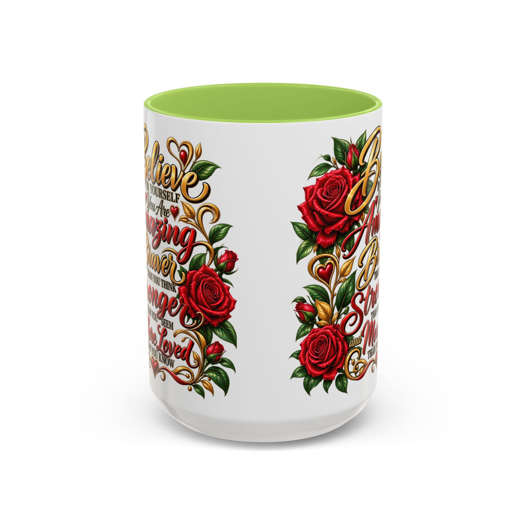 Inspirational Rose Coffee Mug — "Believe in Yourself" Motivational Tea Cup