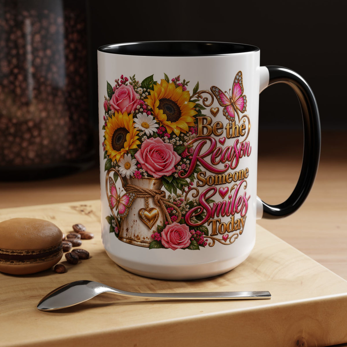 Be the Reason Someone Smiles Today Accent Coffee Mug – Floral Sunflower & Rose Inspirational 11/15oz