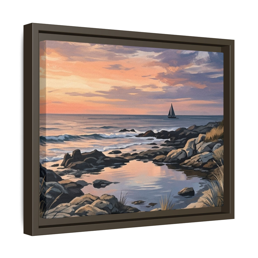 Framed Seaside Sunset Matte Canvas Print – Sailboat Coastal Wall Art