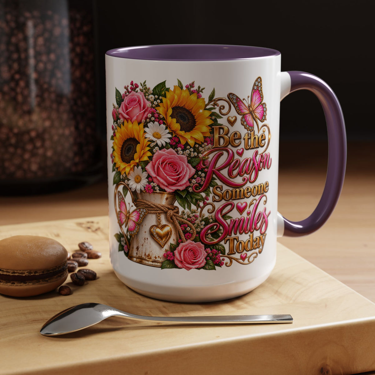 Be the Reason Someone Smiles Today Accent Coffee Mug – Floral Sunflower & Rose Inspirational 11/15oz