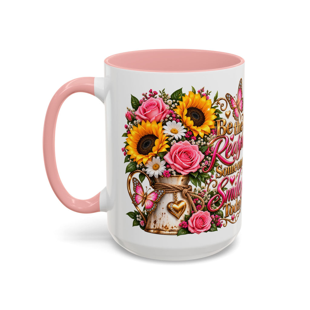 Be the Reason Someone Smiles Today Accent Coffee Mug – Floral Sunflower & Rose Inspirational 11/15oz