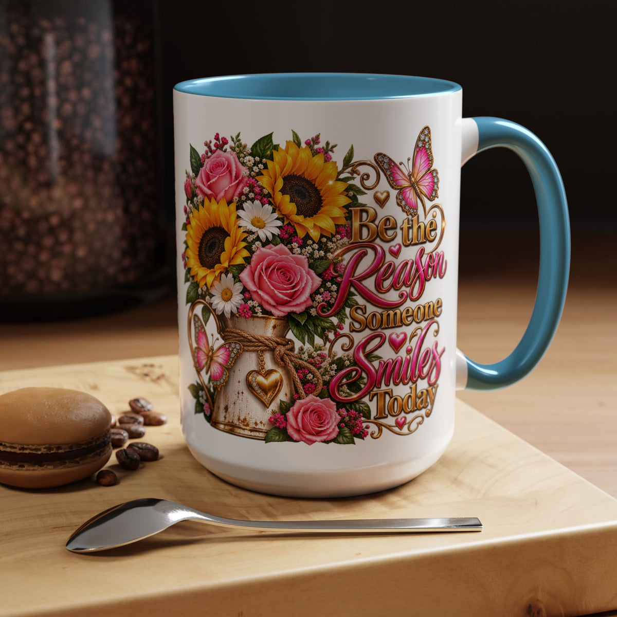 Be the Reason Someone Smiles Today Accent Coffee Mug – Floral Sunflower & Rose Inspirational 11/15oz