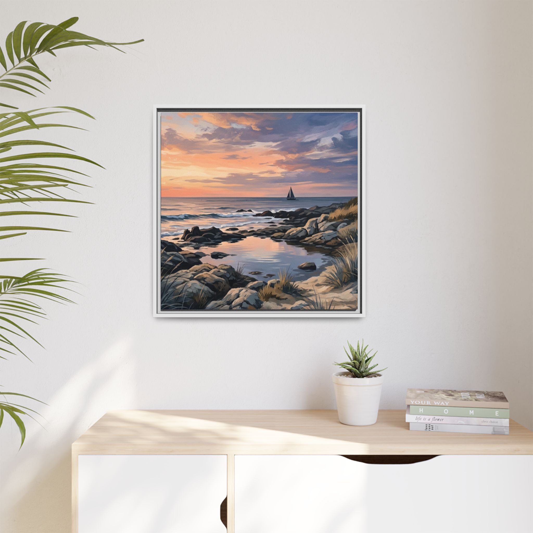 Framed Seaside Sunset Matte Canvas Print – Sailboat Coastal Wall Art