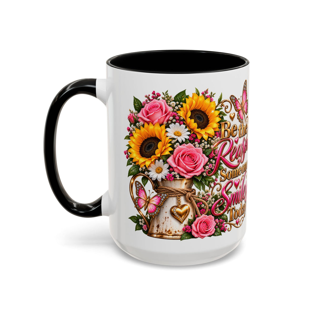 Be the Reason Someone Smiles Today Accent Coffee Mug – Floral Sunflower & Rose Inspirational 11/15oz