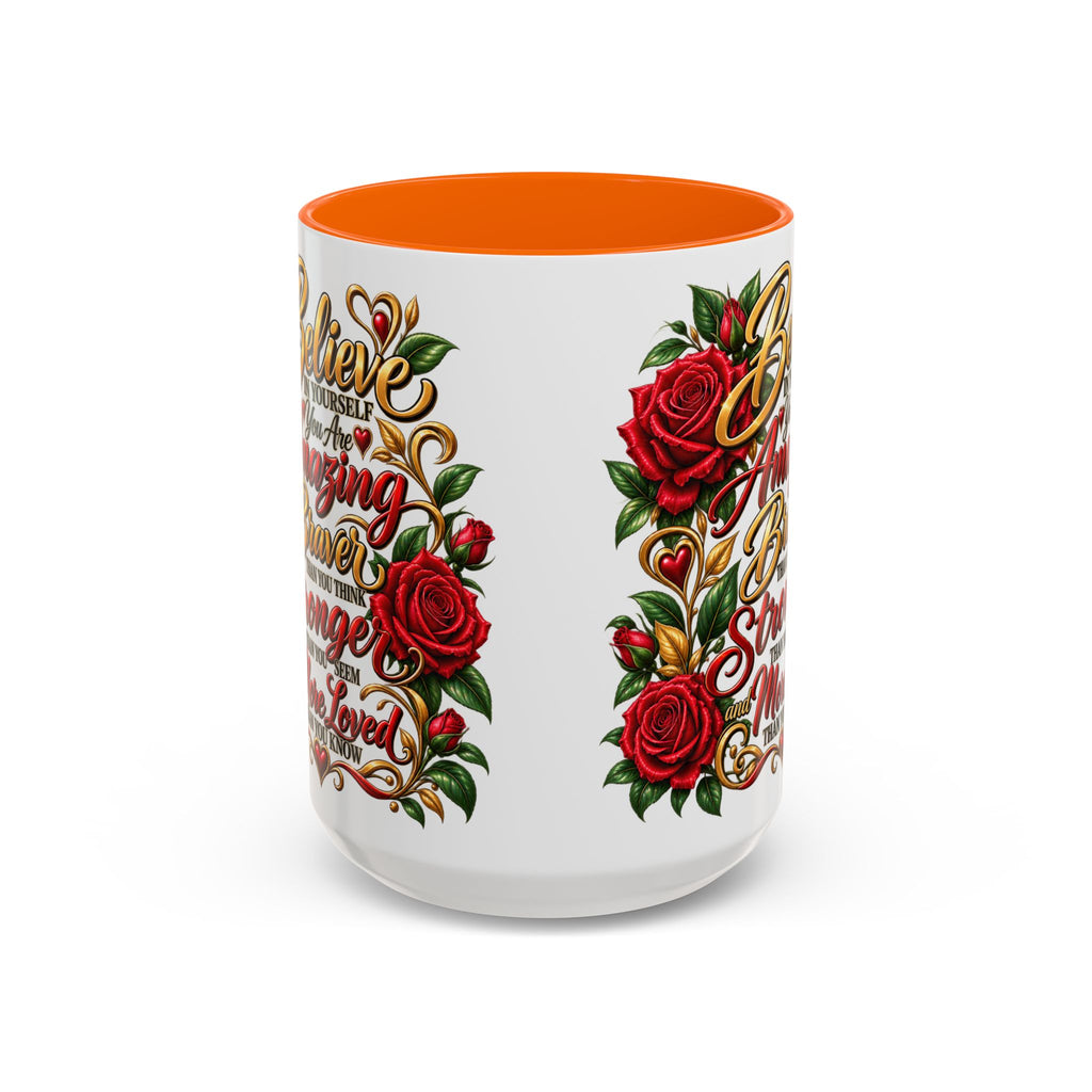 Inspirational Rose Coffee Mug — "Believe in Yourself" Motivational Tea Cup