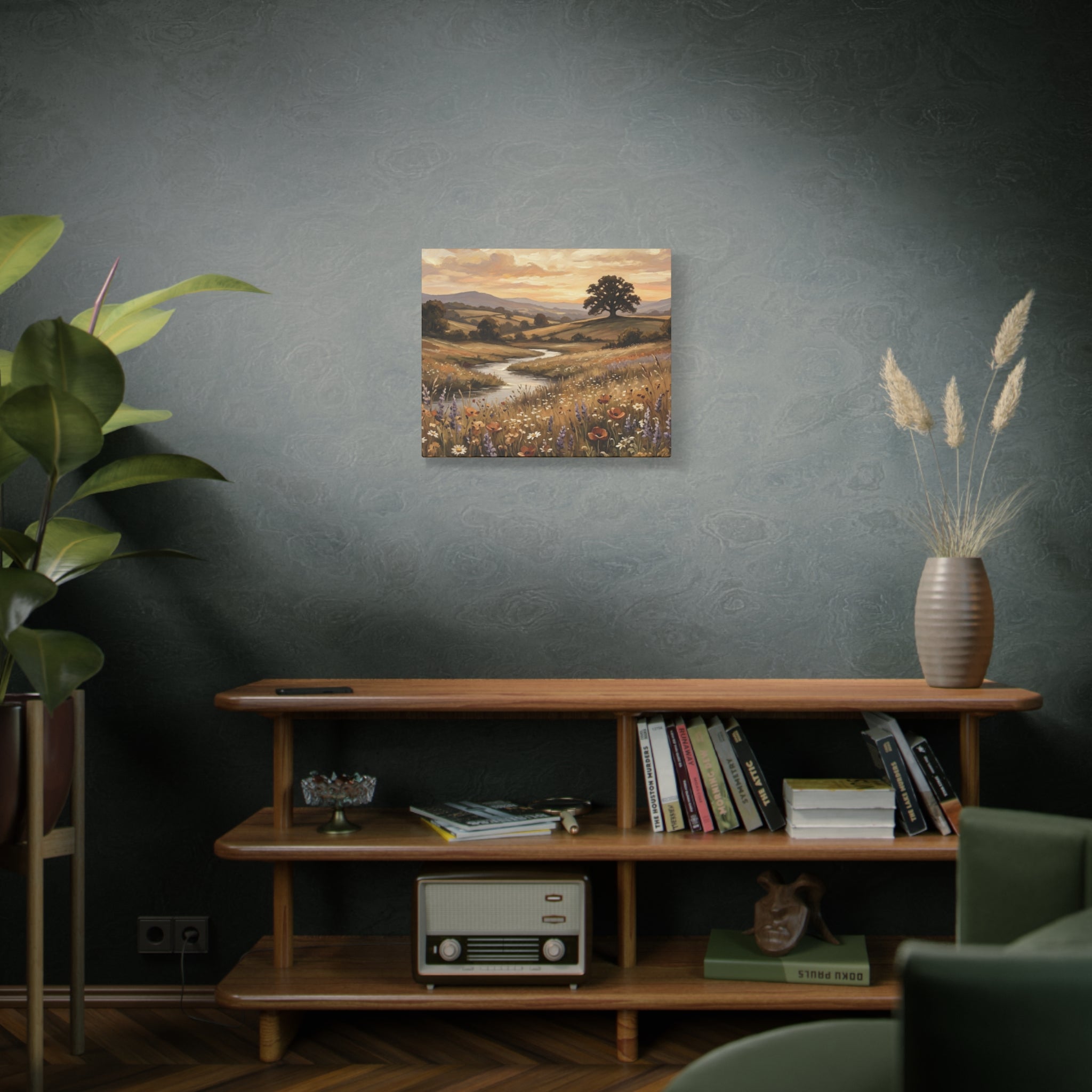 Golden Meadow River Canvas Wall Art — Stretched Matte Print
