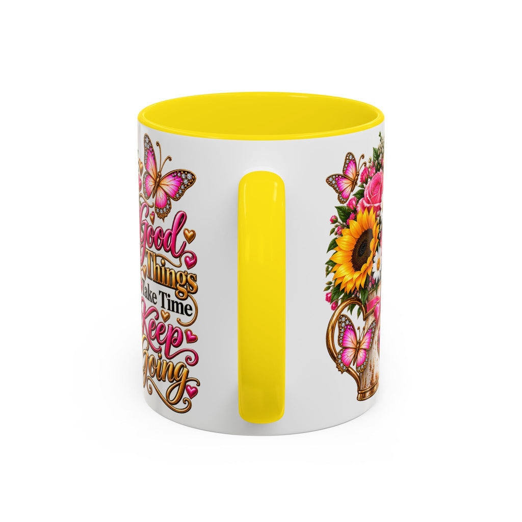 Inspiring Floral Coffee Mug — "Good Things Take Time, Keep Going"