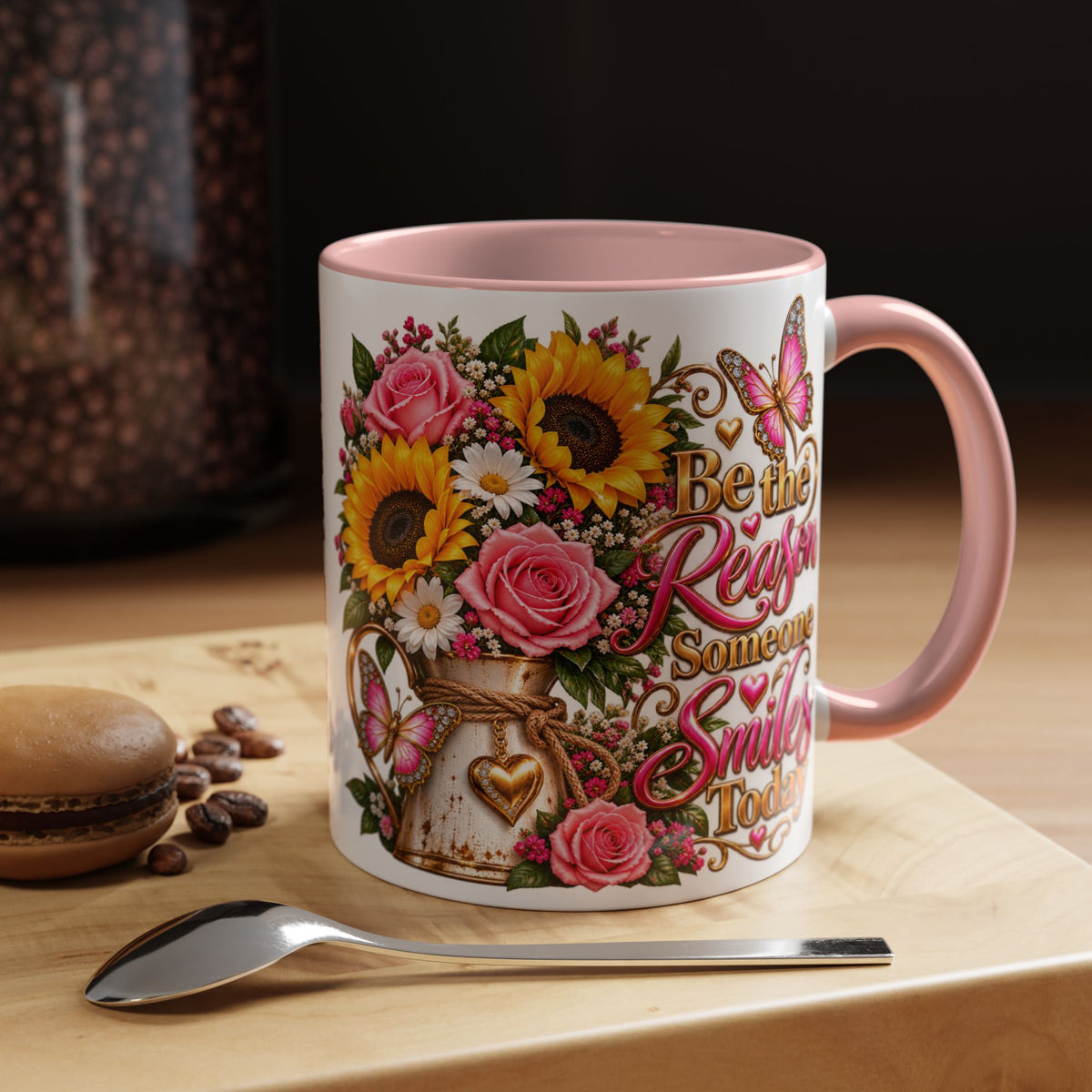 Be the Reason Someone Smiles Today Accent Coffee Mug – Floral Sunflower & Rose Inspirational 11/15oz