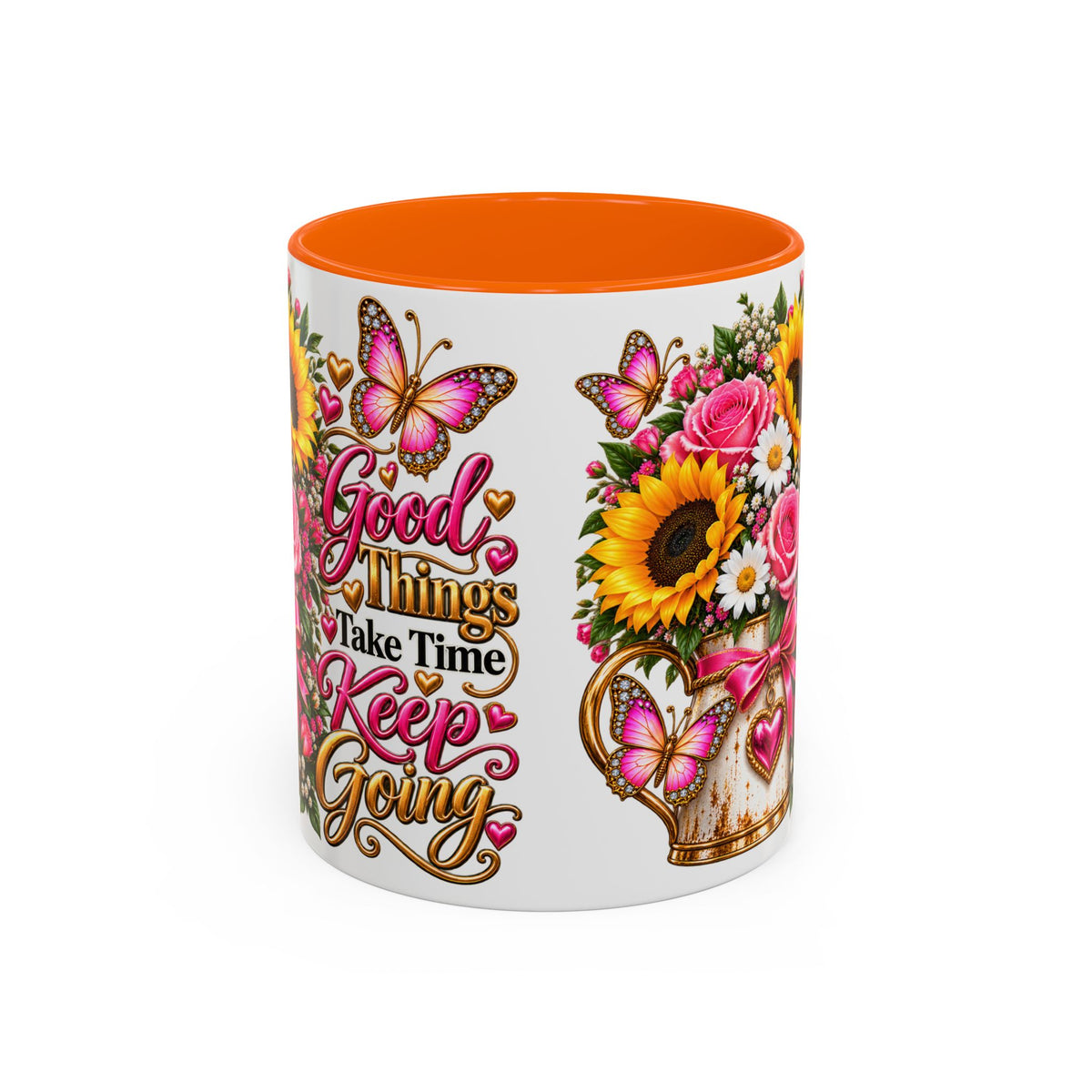 Inspiring Floral Coffee Mug — "Good Things Take Time, Keep Going"
