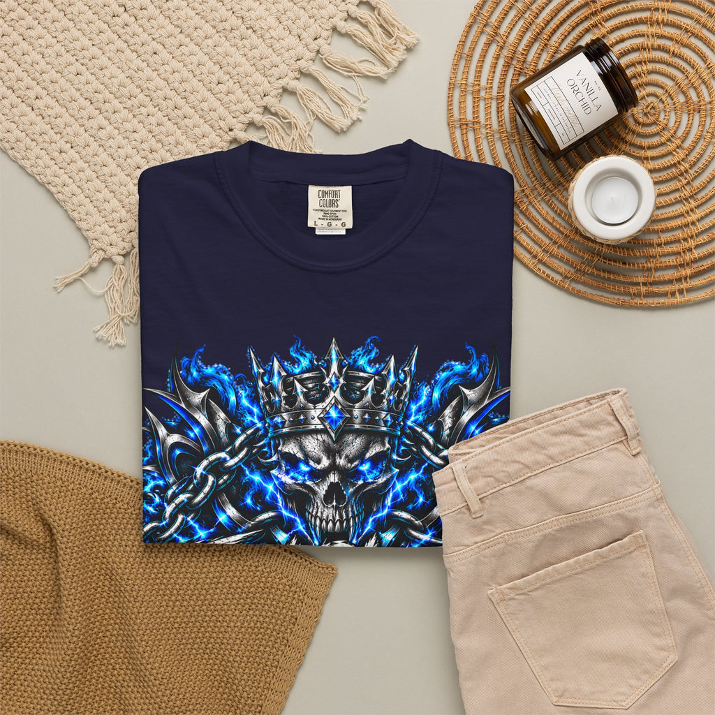 Skull Throne Graphic T-Shirt — Blue Lightning Heavy Metal Tee