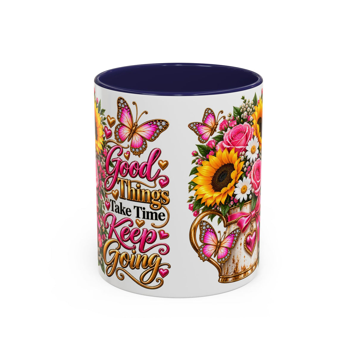 Inspiring Floral Coffee Mug — "Good Things Take Time, Keep Going"