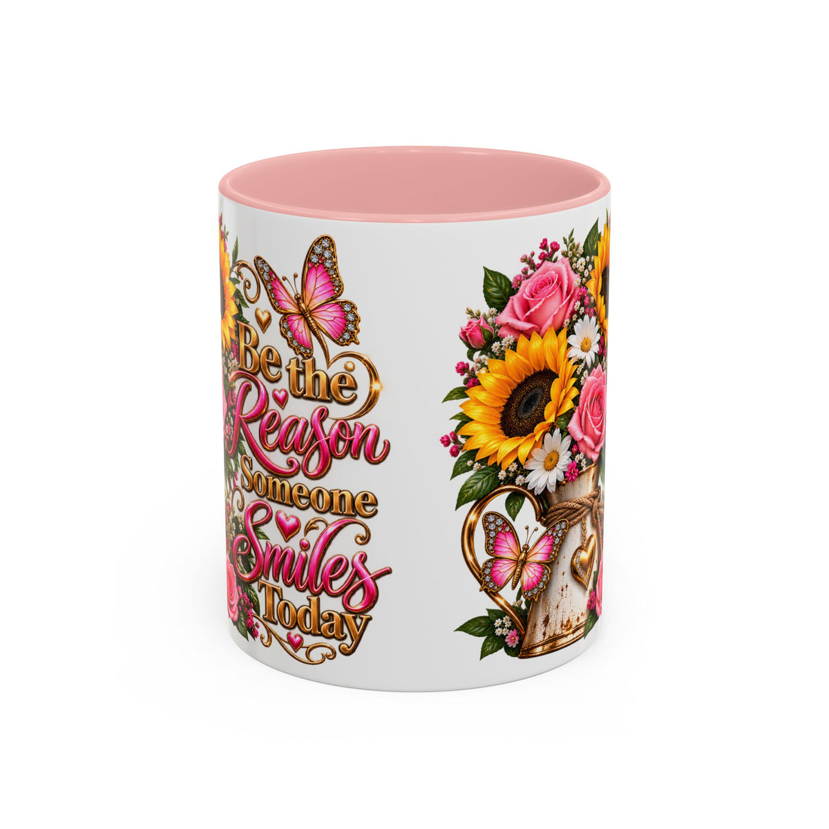 Be the Reason Someone Smiles Today Accent Coffee Mug – Floral Sunflower & Rose Inspirational 11/15oz