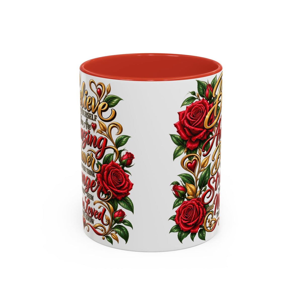 Inspirational Rose Coffee Mug — "Believe in Yourself" Motivational Tea Cup