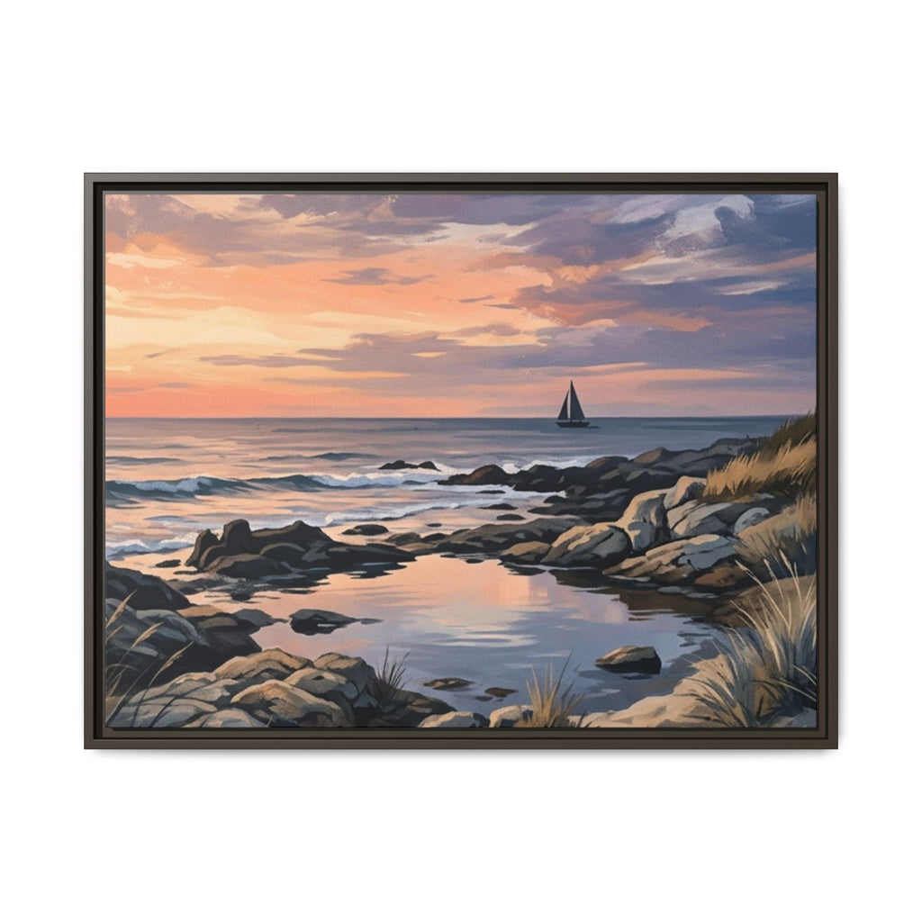 Framed Seaside Sunset Matte Canvas Print – Sailboat Coastal Wall Art