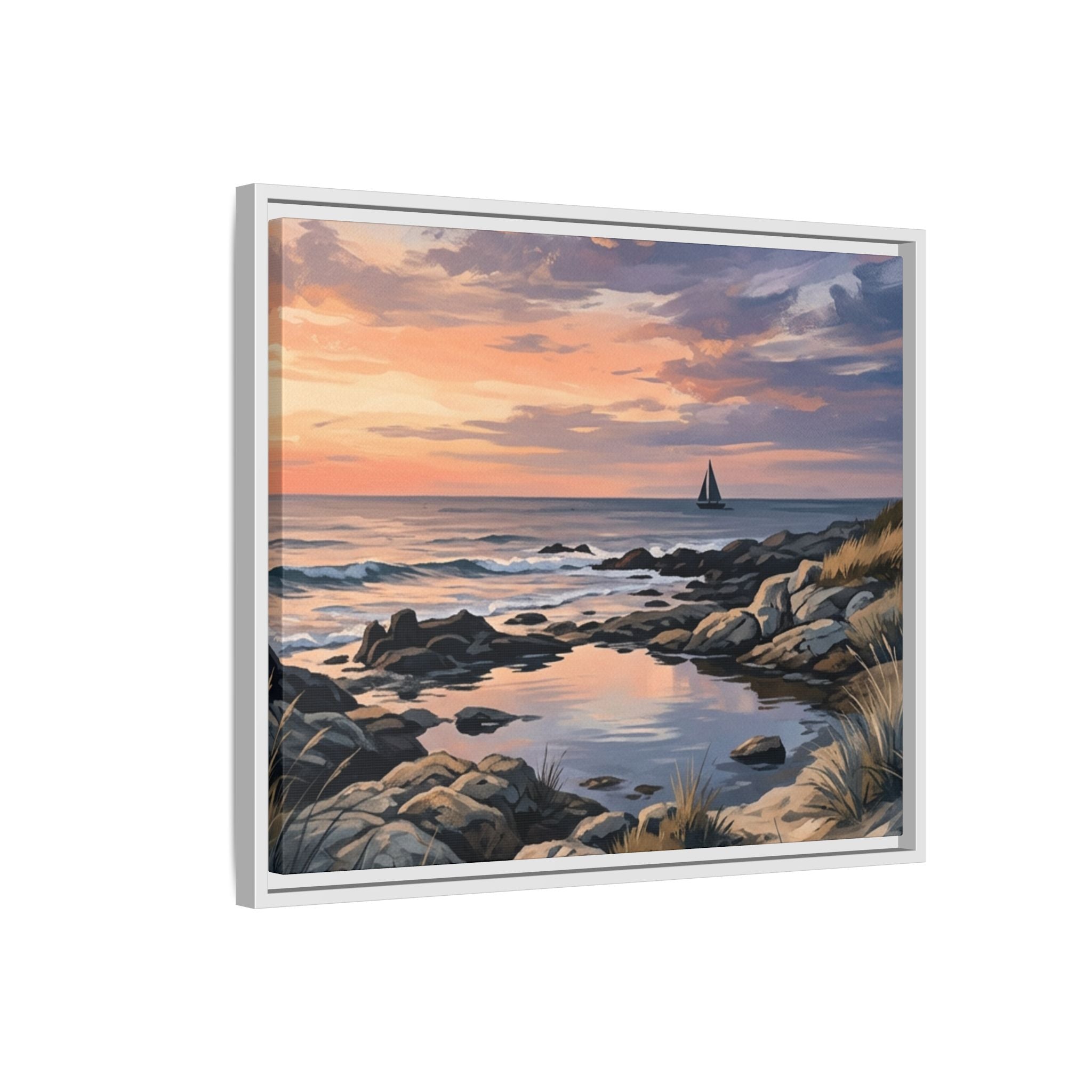 Framed Seaside Sunset Matte Canvas Print – Sailboat Coastal Wall Art
