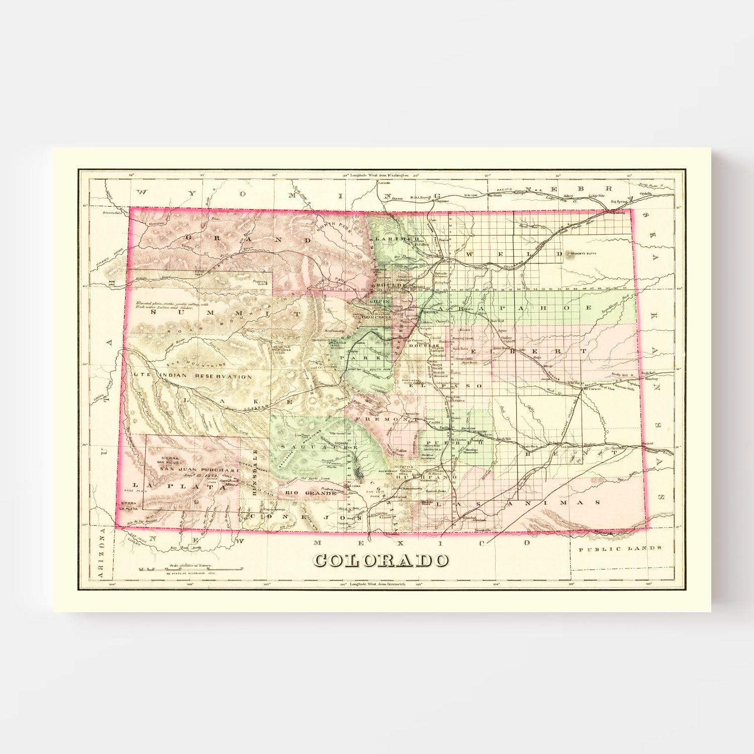 Vintage Map of Colorado 1876