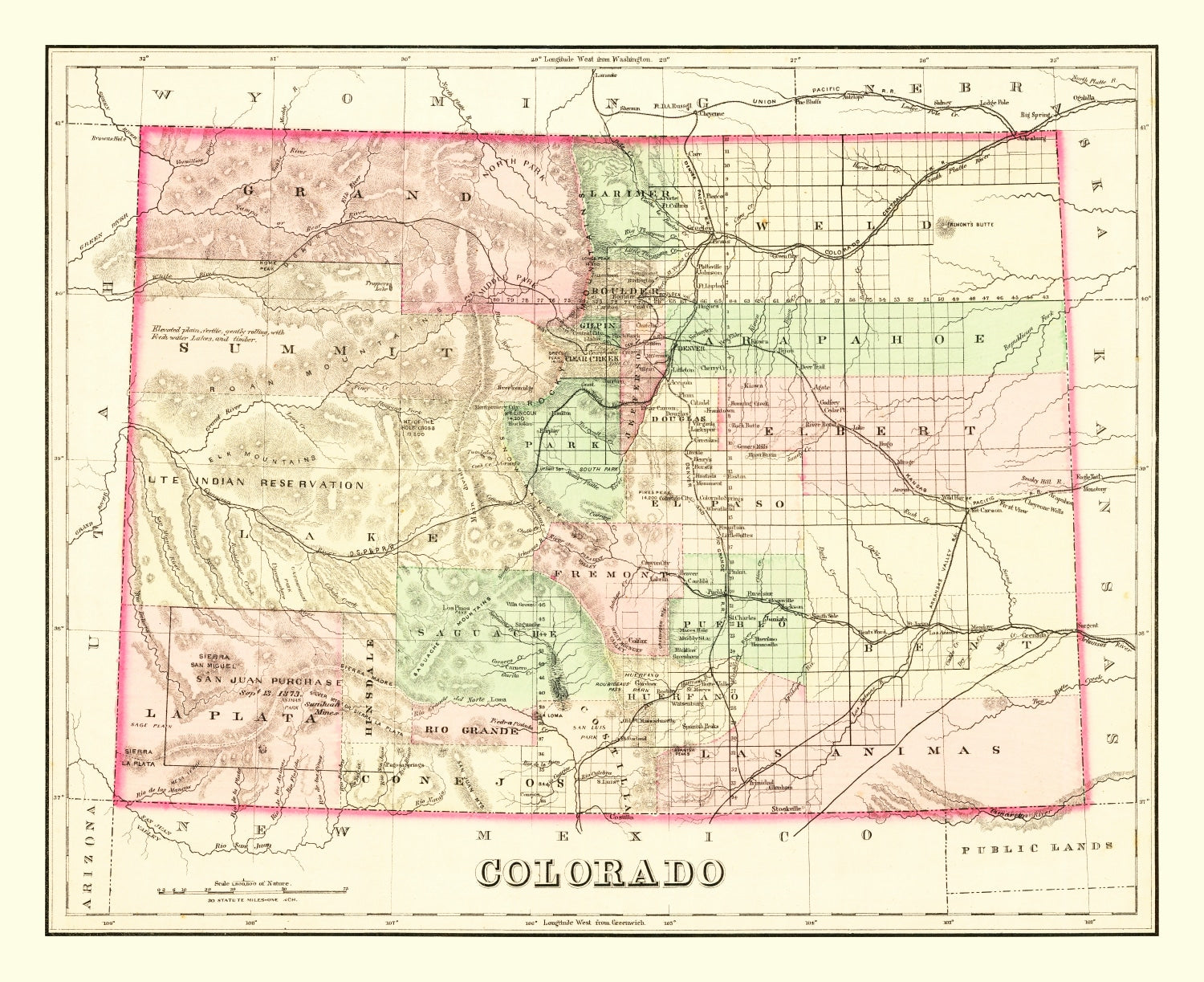 Vintage Map of Colorado 1876