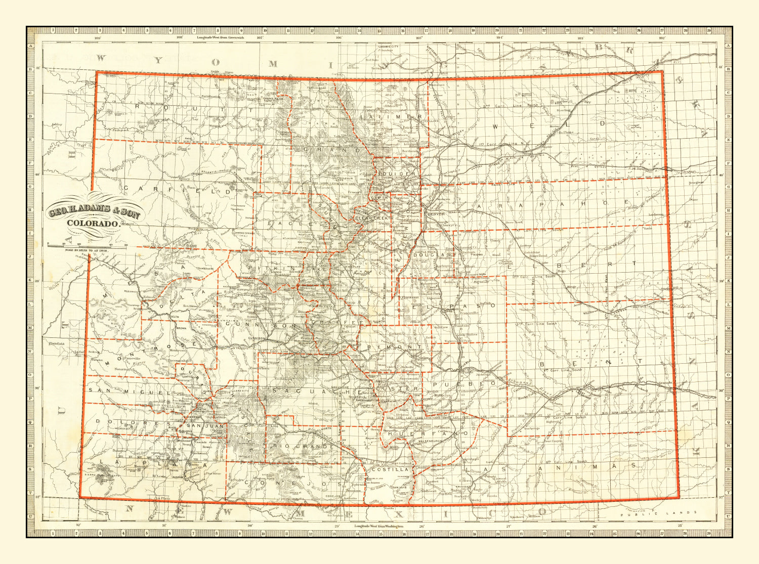 Vintage Map of Colorado 1884
