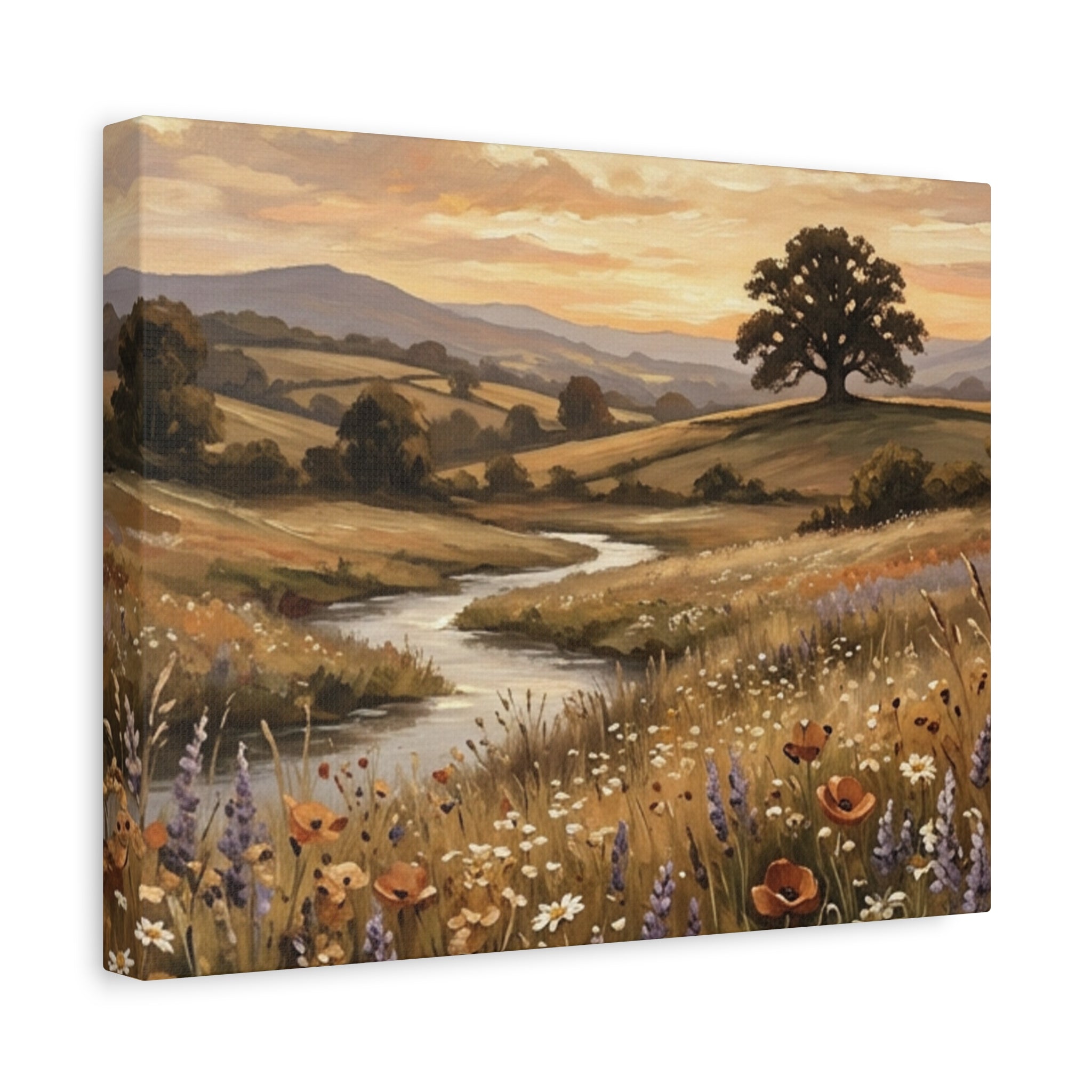 Golden Meadow River Canvas Wall Art — Stretched Matte Print