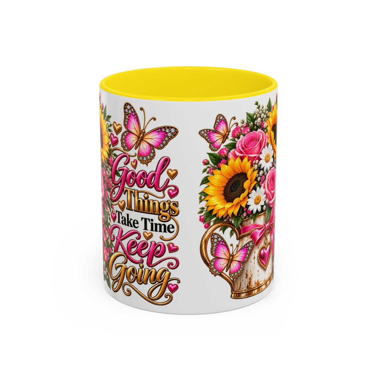 Inspiring Floral Coffee Mug — "Good Things Take Time, Keep Going"