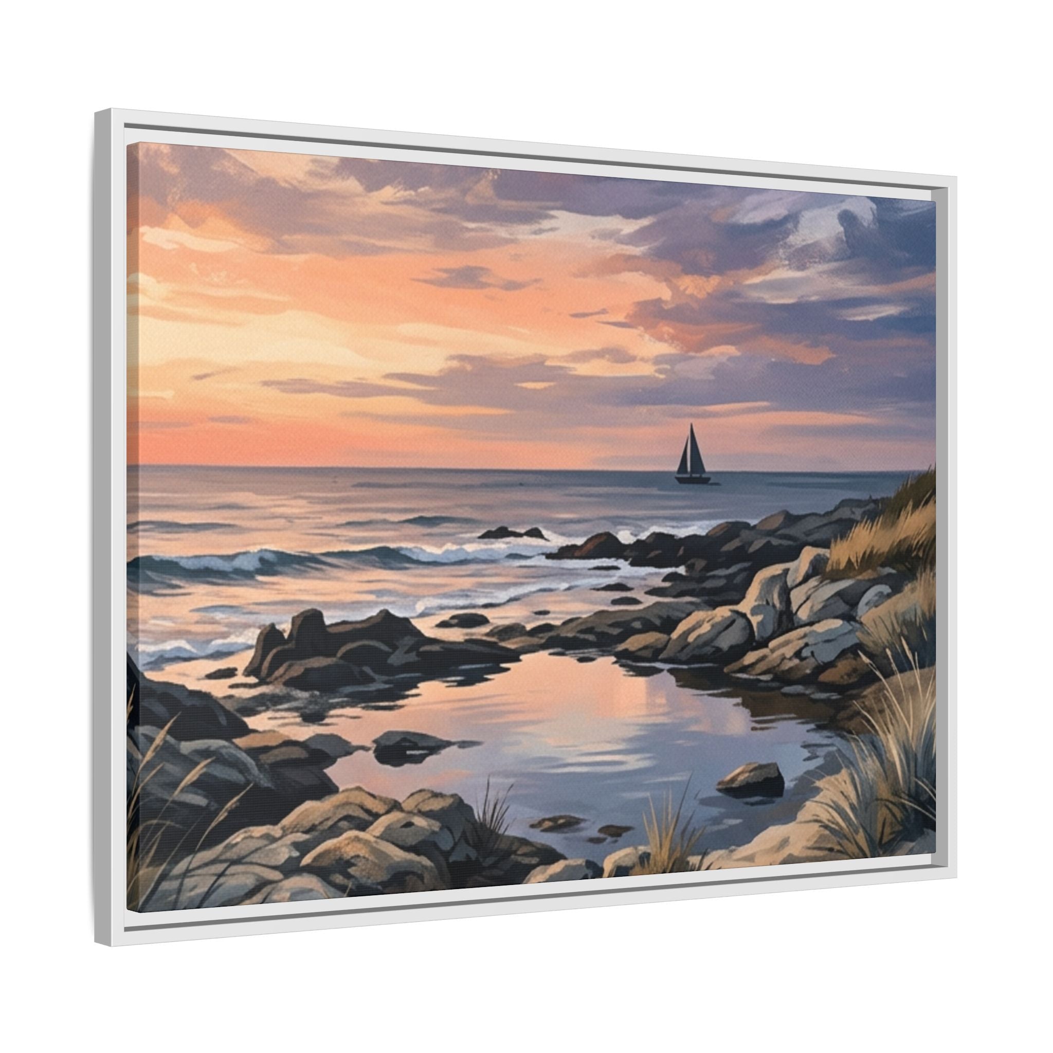 Framed Seaside Sunset Matte Canvas Print – Sailboat Coastal Wall Art