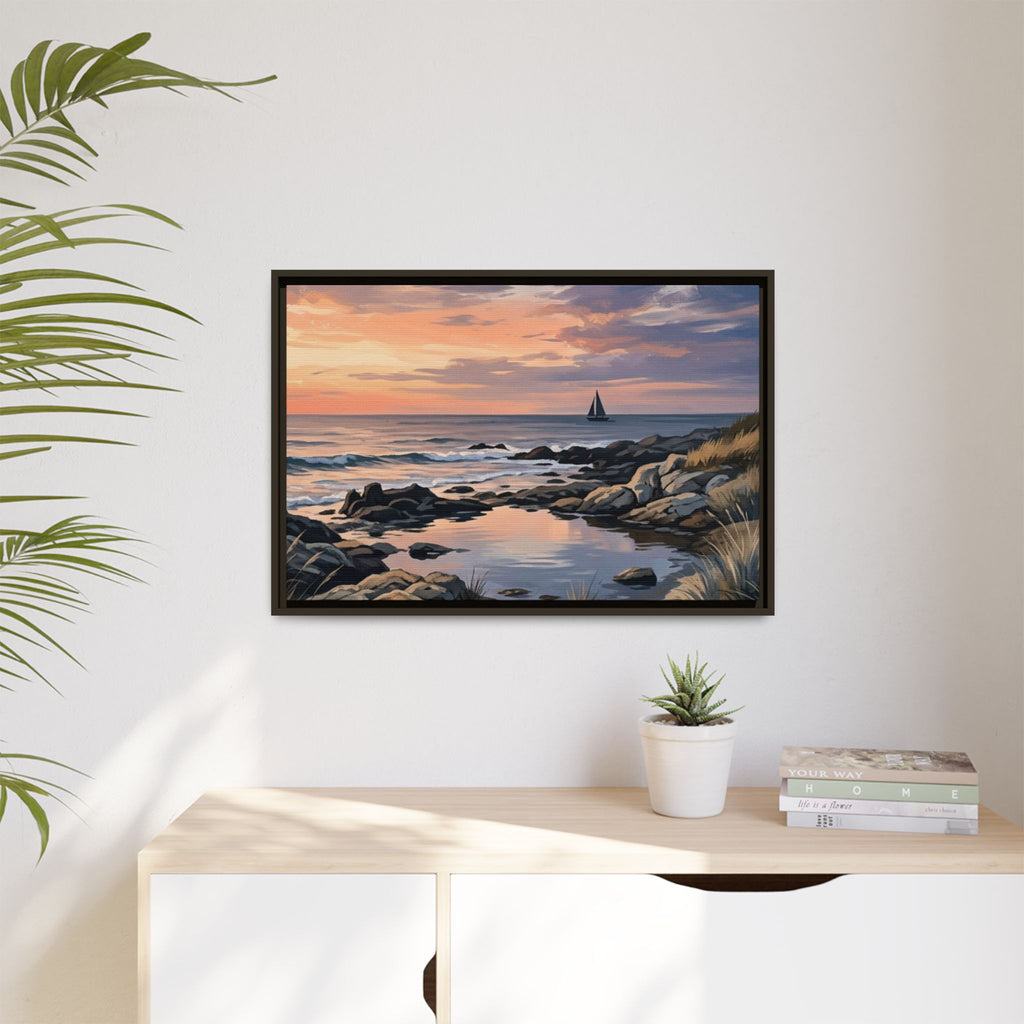 Framed Seaside Sunset Matte Canvas Print – Sailboat Coastal Wall Art