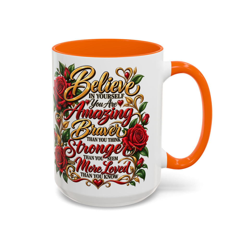 Inspirational Rose Coffee Mug — "Believe in Yourself" Motivational Tea Cup
