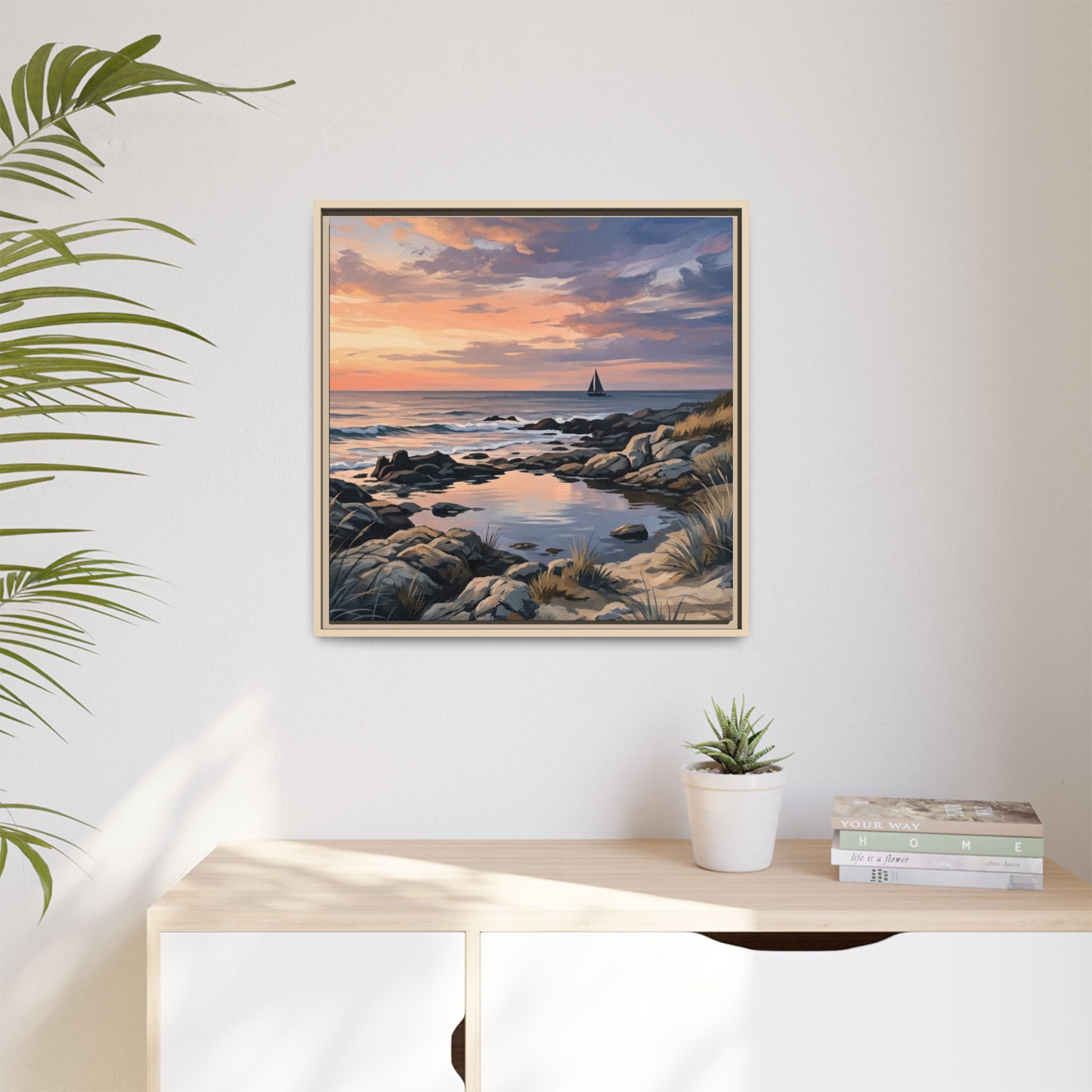 Framed Seaside Sunset Matte Canvas Print – Sailboat Coastal Wall Art